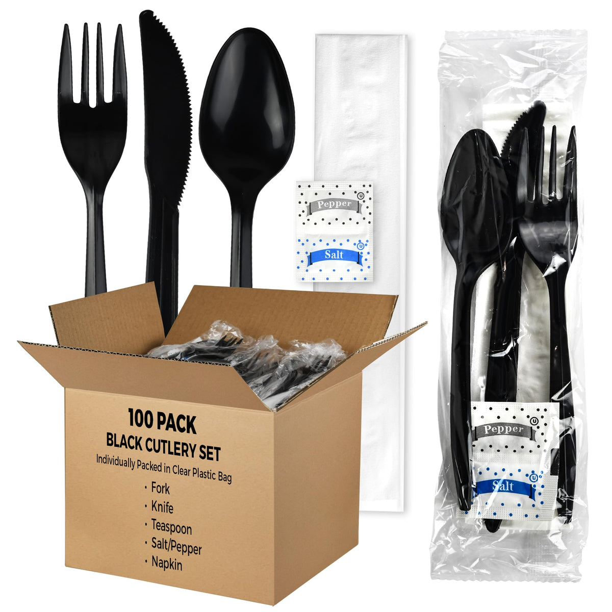 KitchenDine Wrapped Disposable Plastic Cutlery Set with Napkin and Salt Pepper Seasonings