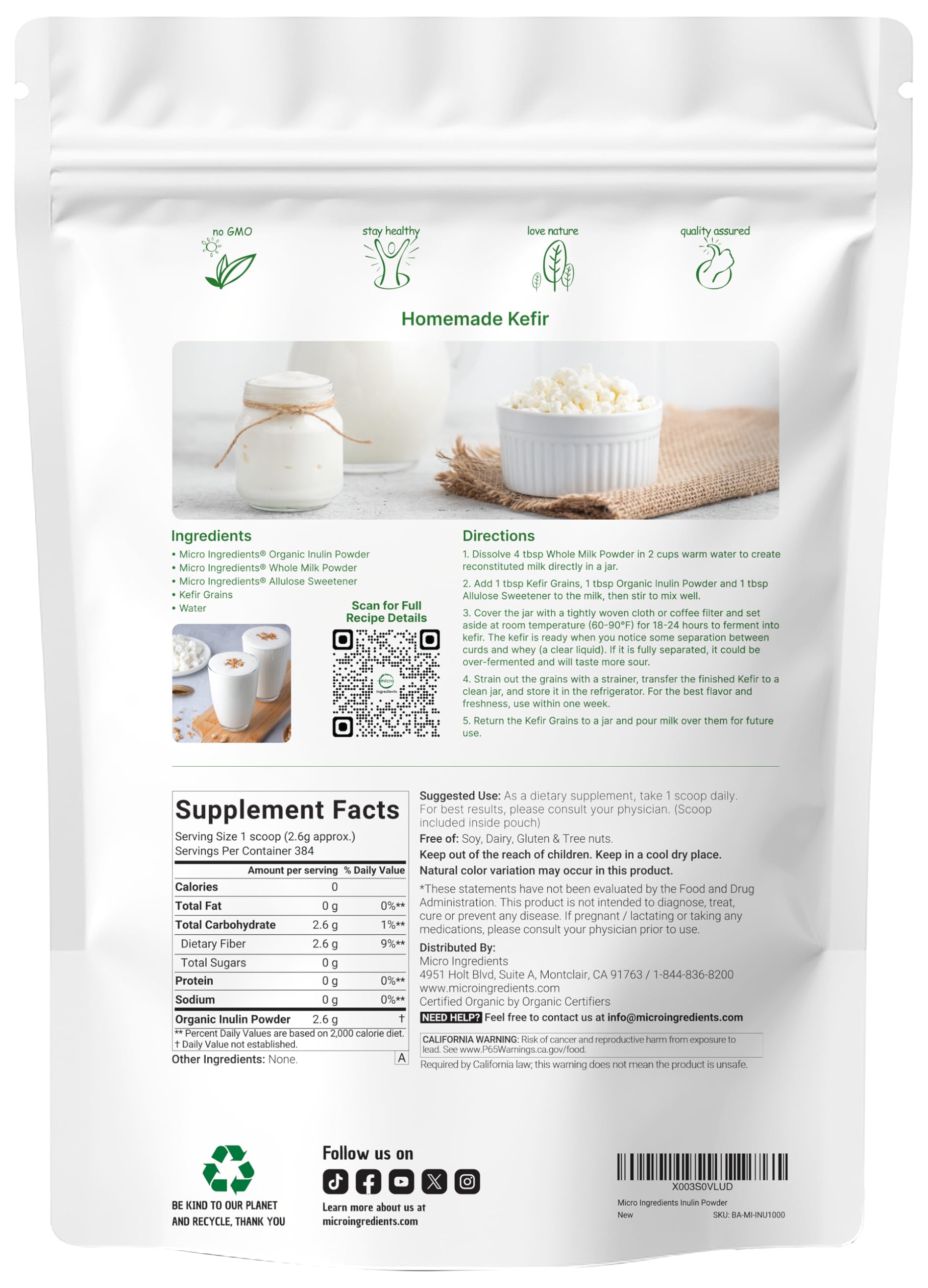 Micro Ingredients Organic Inulin FOS Fiber Powder

