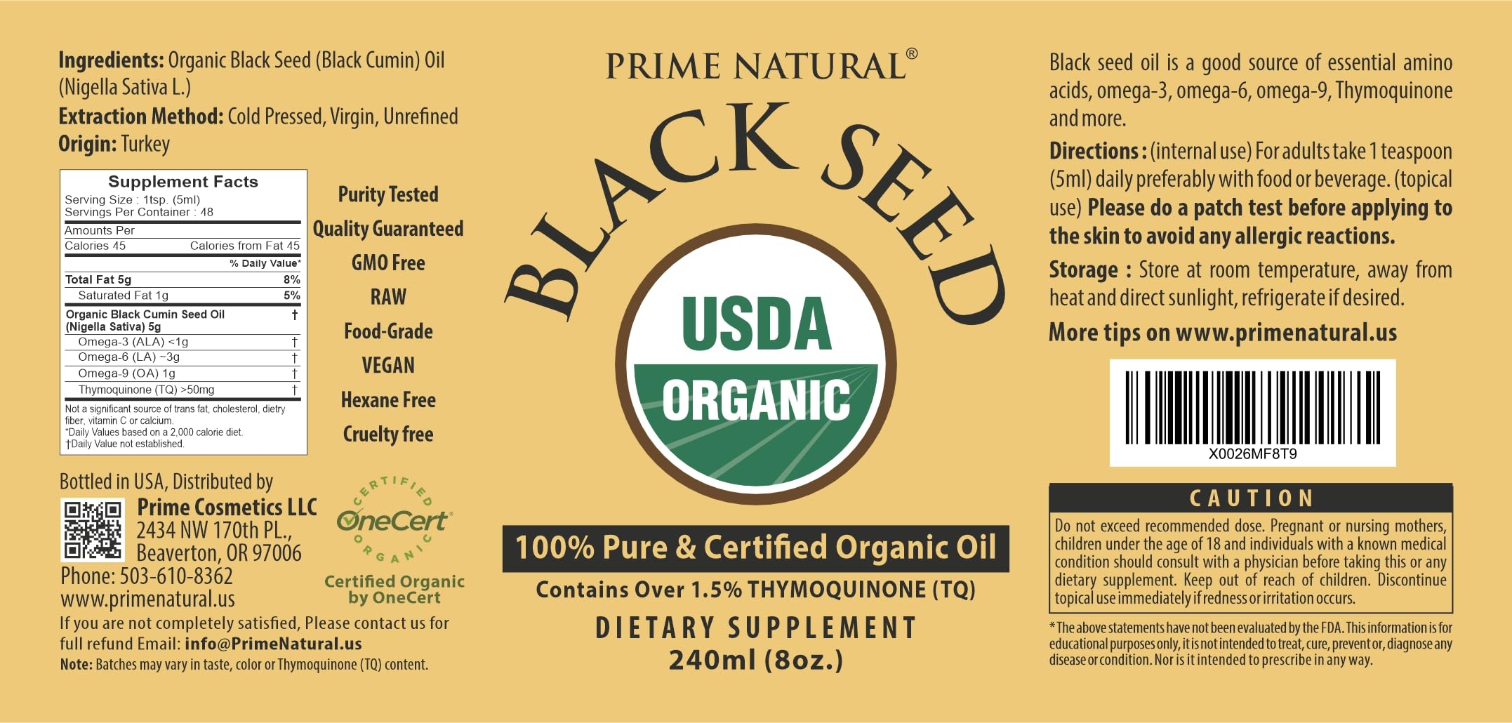 Prime Natural Organic Black Seed Oil - Cold Pressed

