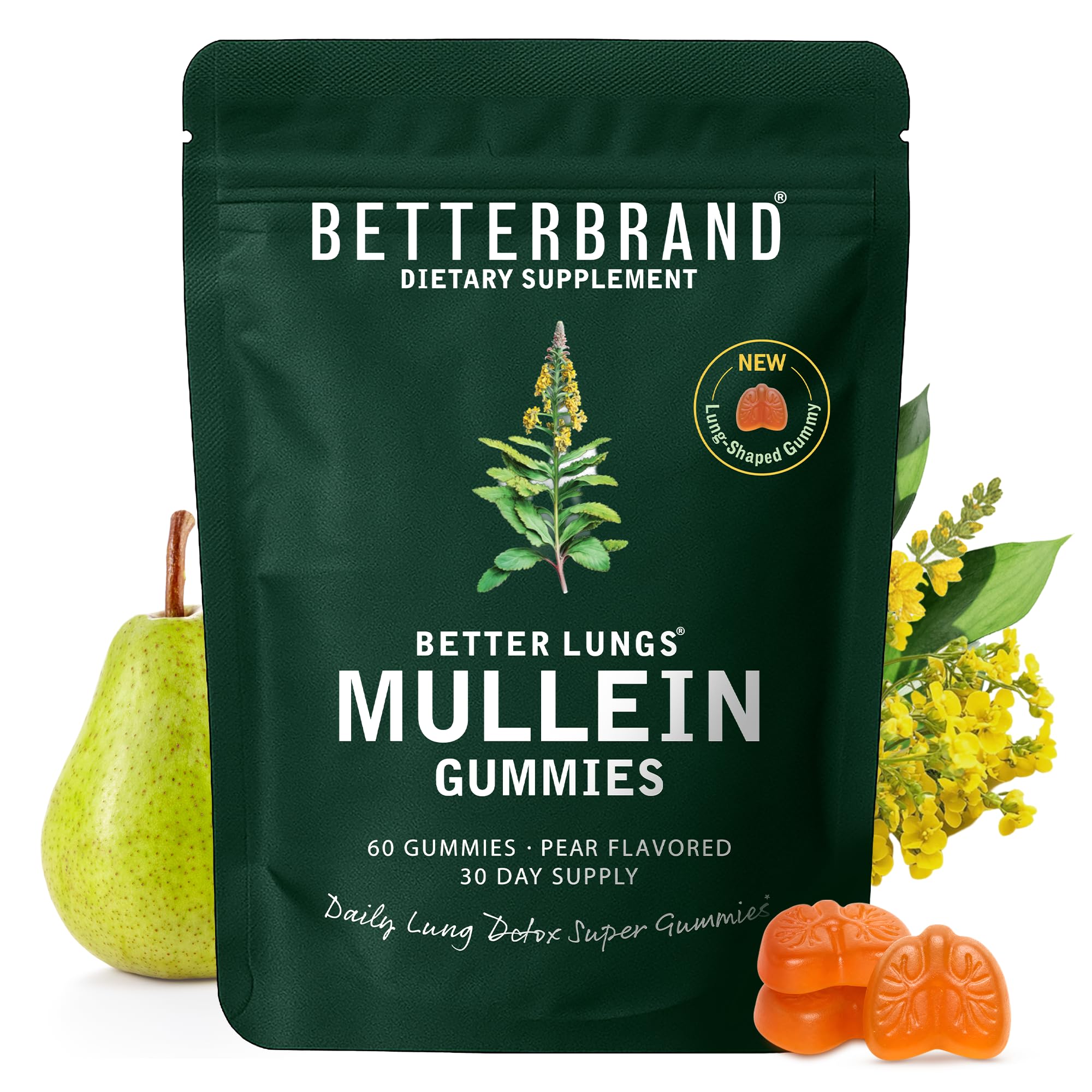 Betterbrand Mullein Chewable Gummies for Lung Health, Pear Flavor, 50:1 Extract