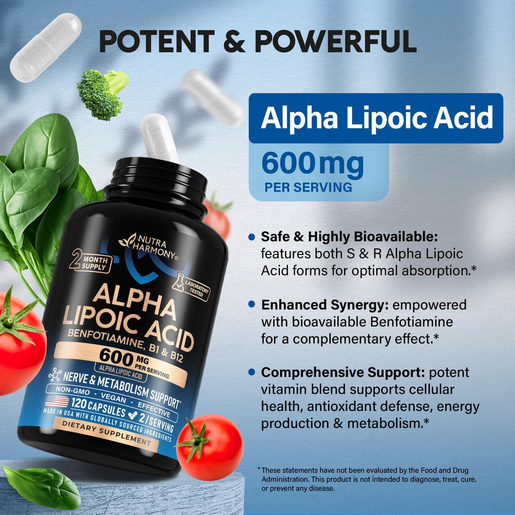 Alpha Lipoic Acid 600 mg Supplement for Nerve Energy - Vegan

