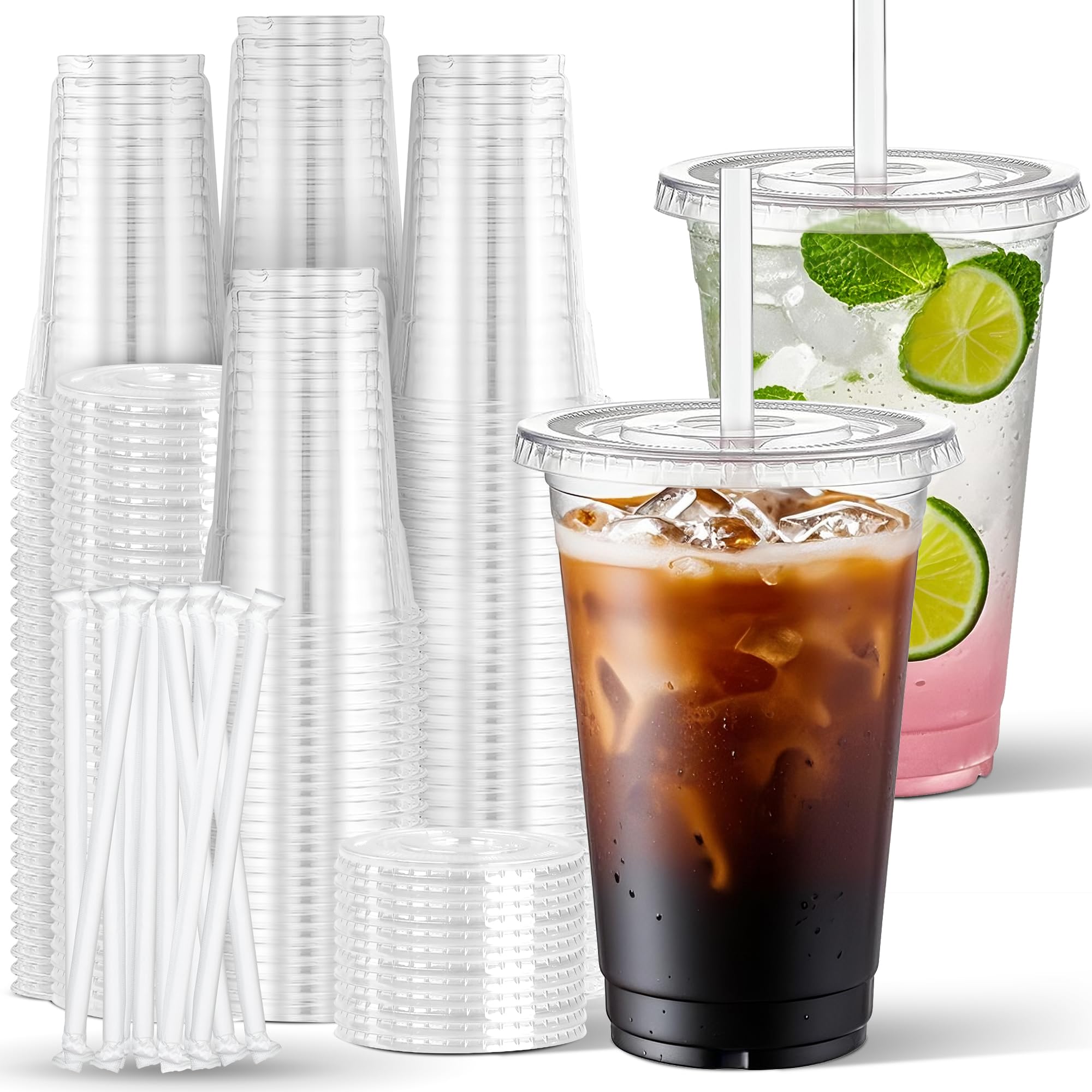 Charmount Clear Plastic Cups with Lids & Straws, Disposable To-Go Cups for Cold Drinks