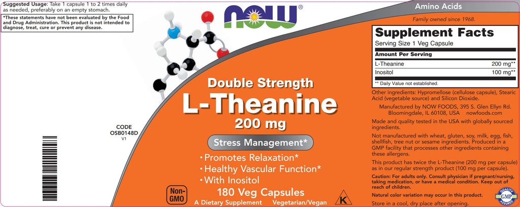 NOW Foods L-Theanine 200 mg Vegetarian Capsule | Stress Support

