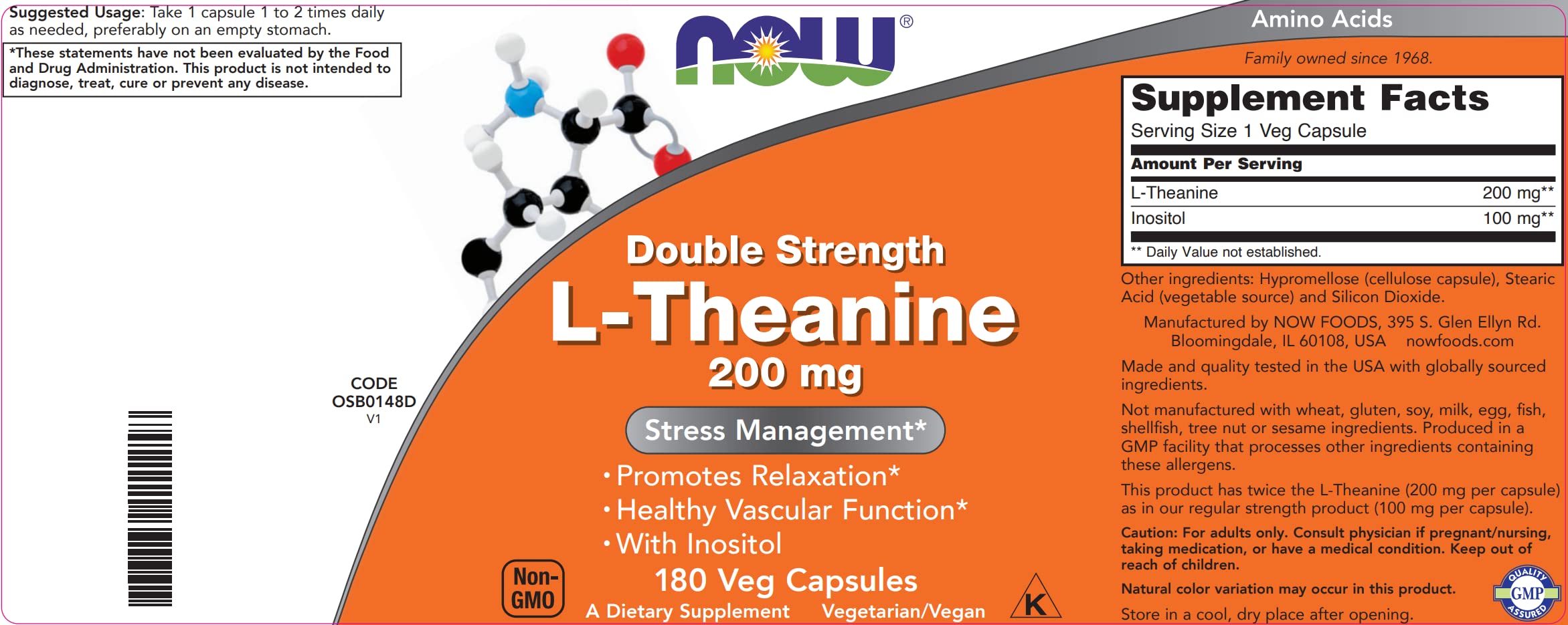 NOW Foods L-Theanine 200 mg Vegetarian Capsule | Stress Support

