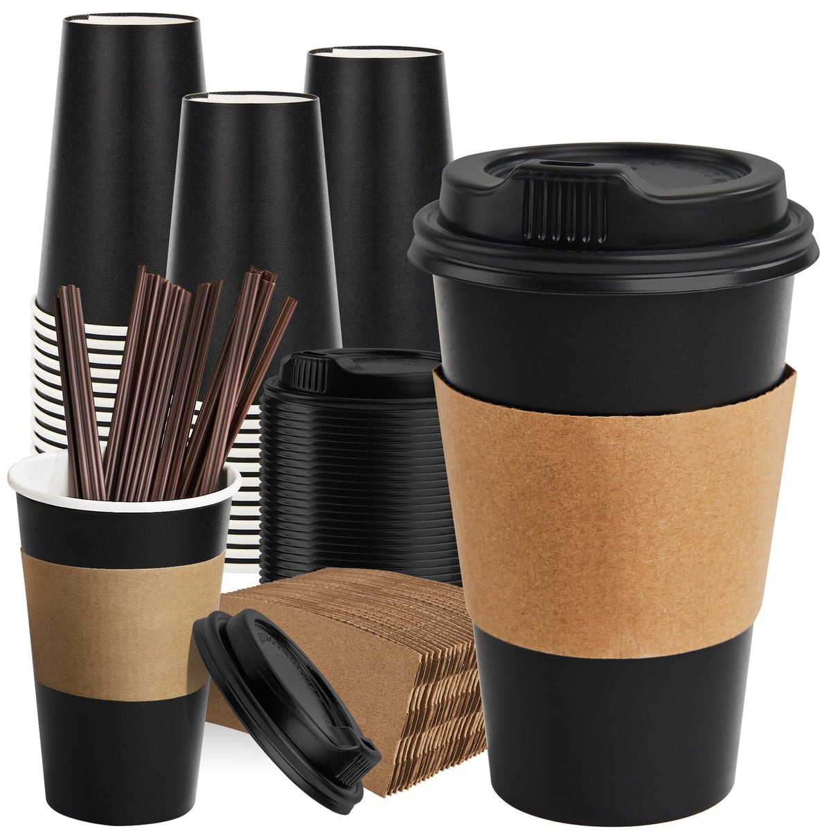 RACETOP Disposable Coffee Cups with Lids, Sleeves & Stirrers