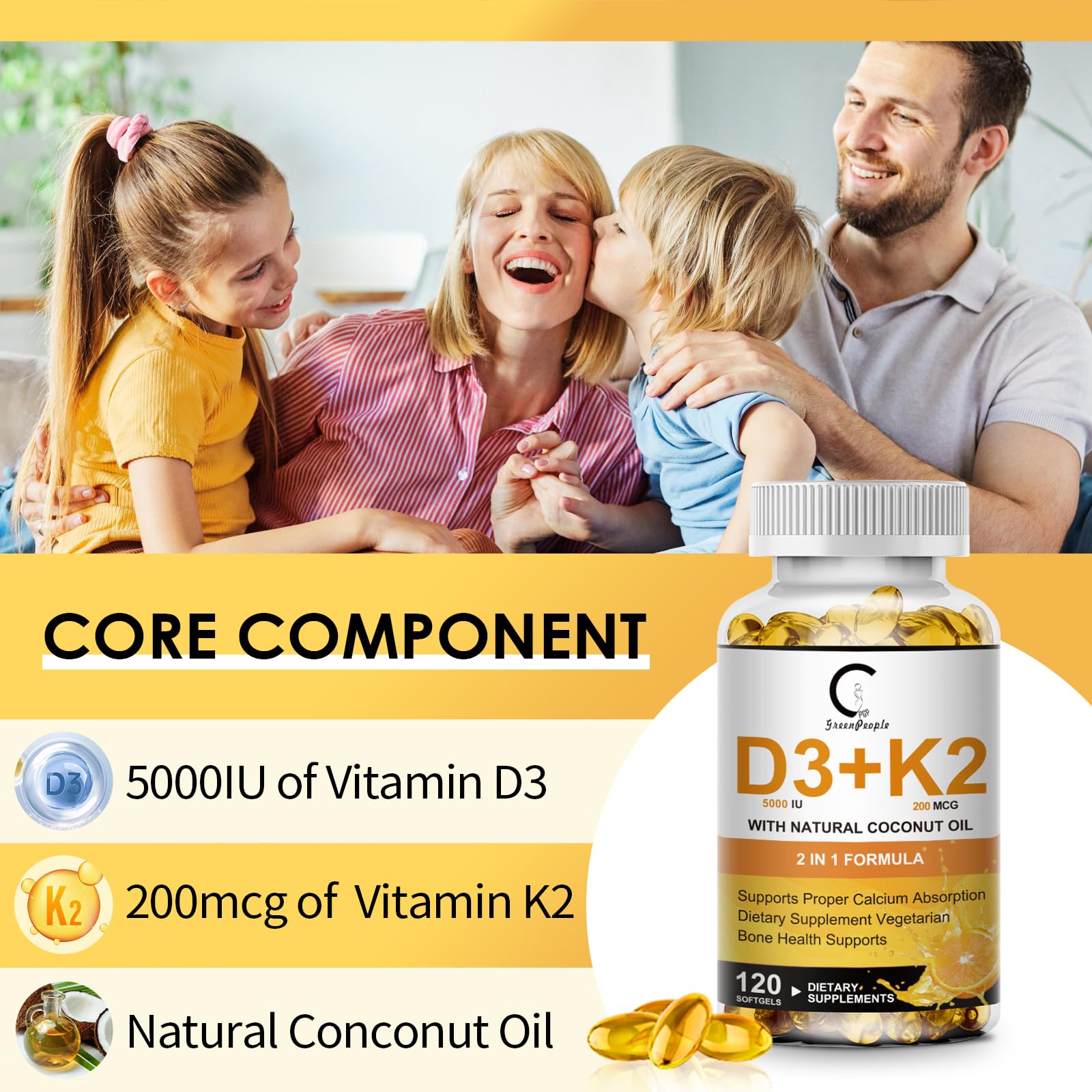 Vitamin D3 K2 Softgel Supplement 5000 IU Plant Based

