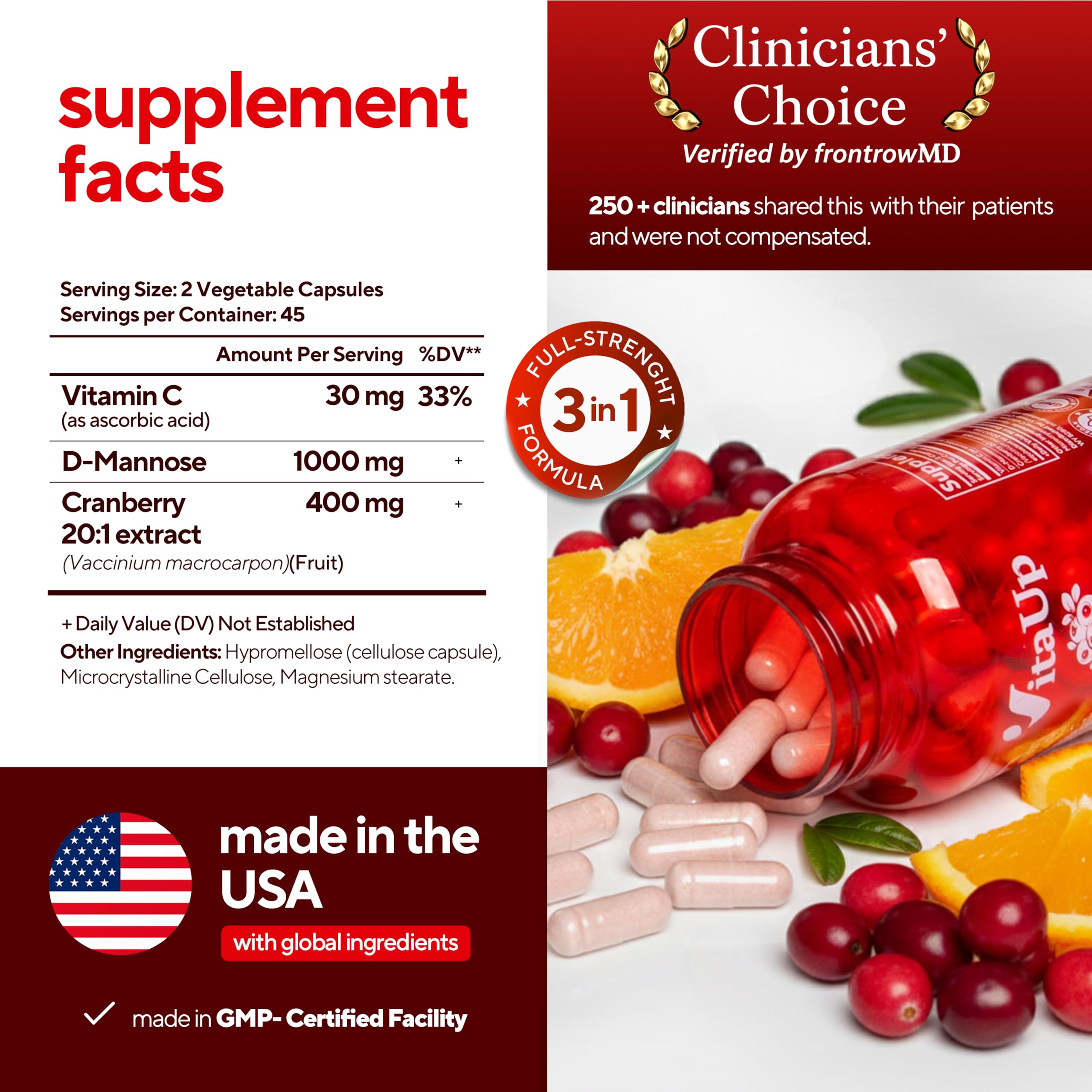 VitaUp D-Mannose & Cranberry Supplement for Women | UTI

