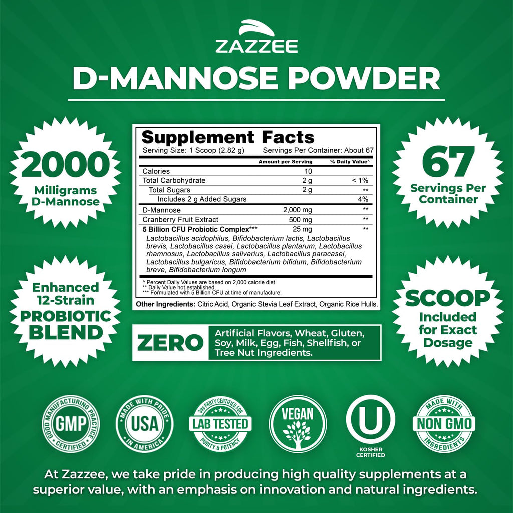 Zazzee D-Mannose Powder Plus with Probiotics & Cranberry


