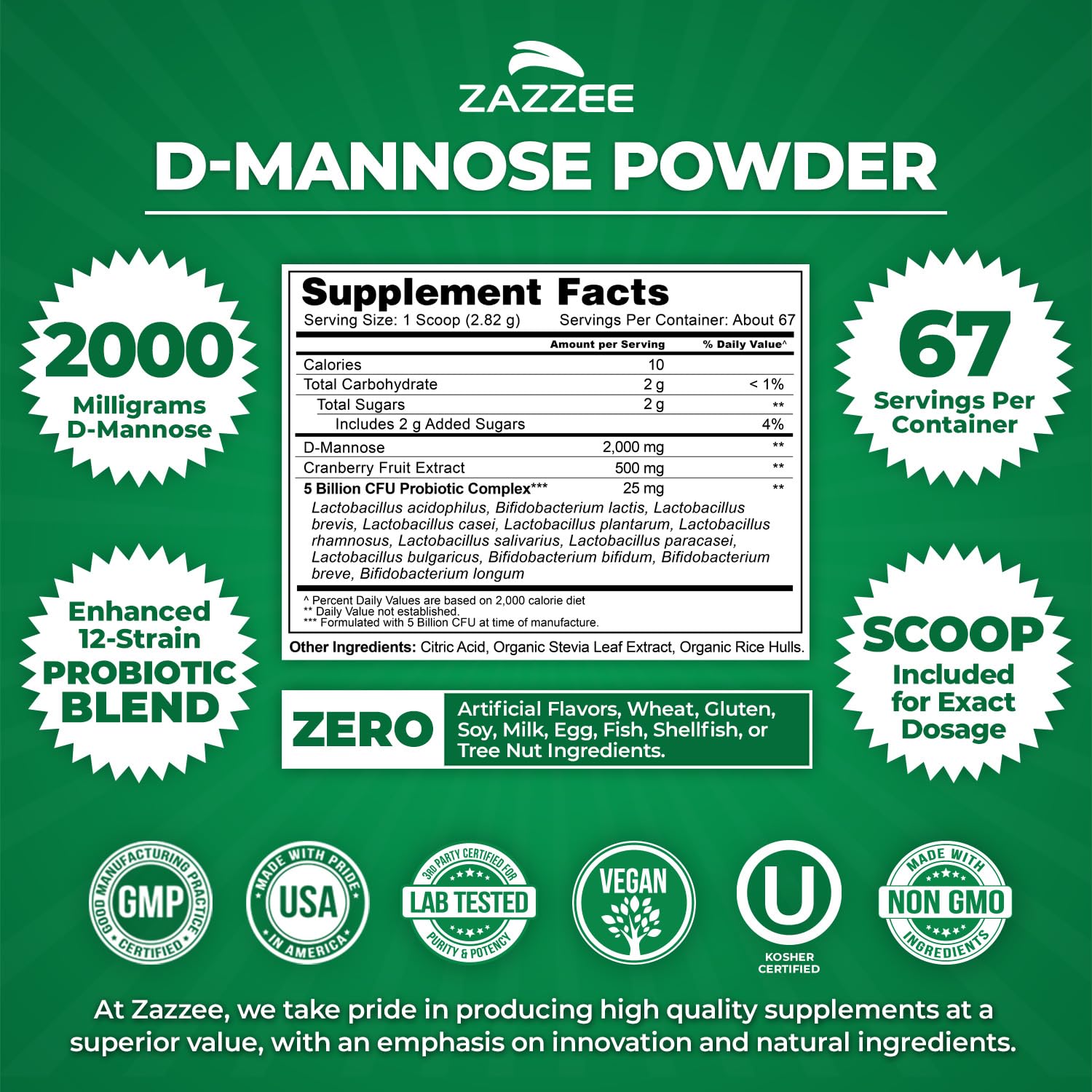 Zazzee D-Mannose Powder Plus with Probiotics & Cranberry

