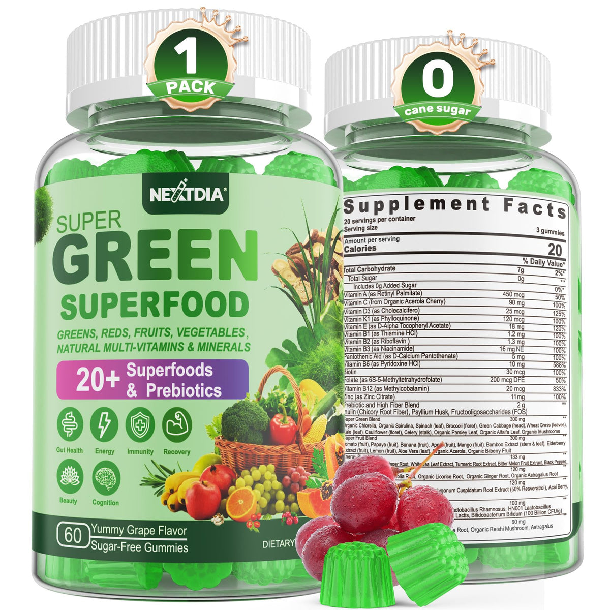 Nextdia Super Greens Multivitamin Gummies Spirulina
