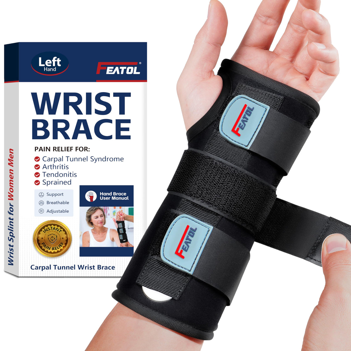 FEATOL Wrist Brace with Splints for Carpal Tunnel - Adjustable Night Support