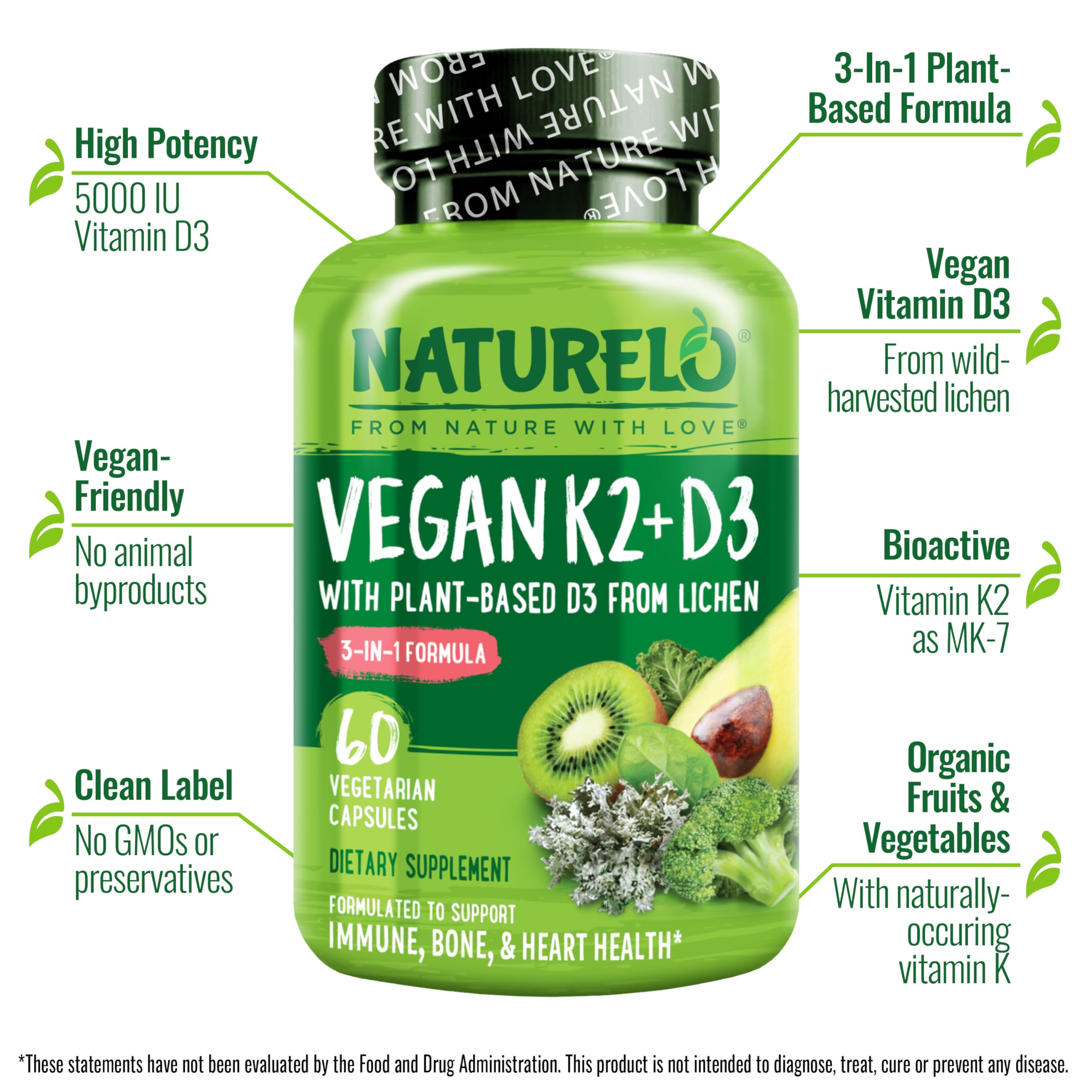 Naturelo Vitamin D3 K2 Vegan Supplement for Bone Health

