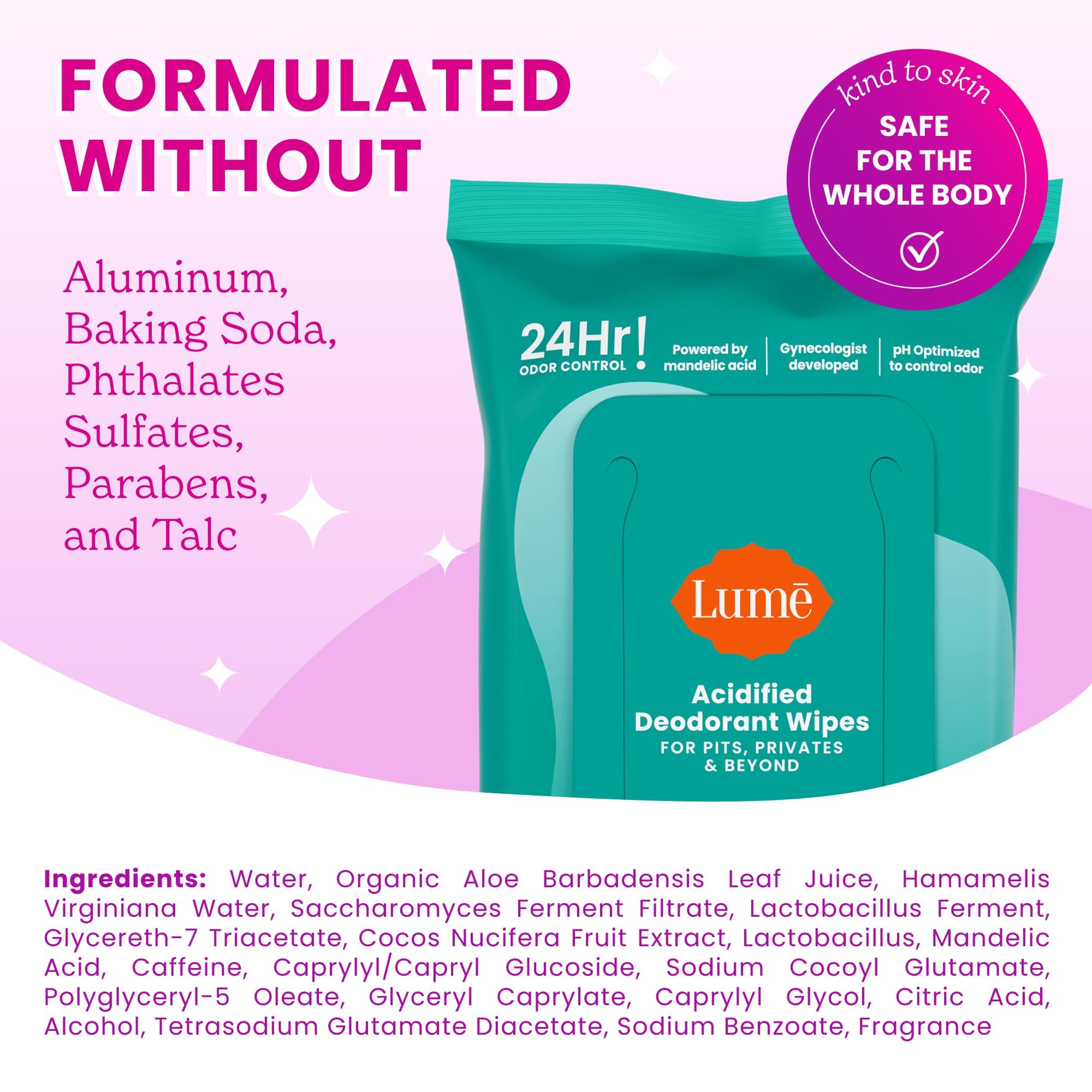 Lume Acidified Deodorant Wipes - 24 Hour Odor Control

