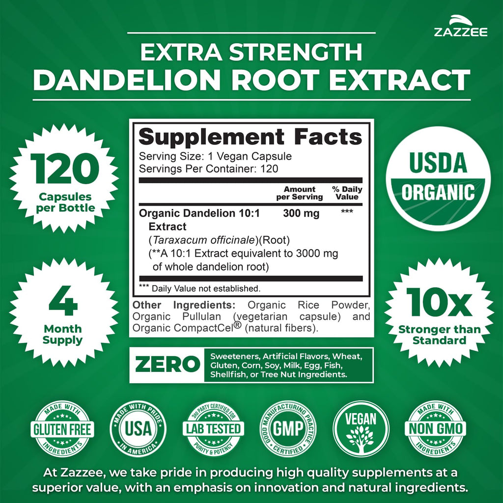 Zazzee Organic Dandelion Root 10:1 Extract Herbal Supplement

