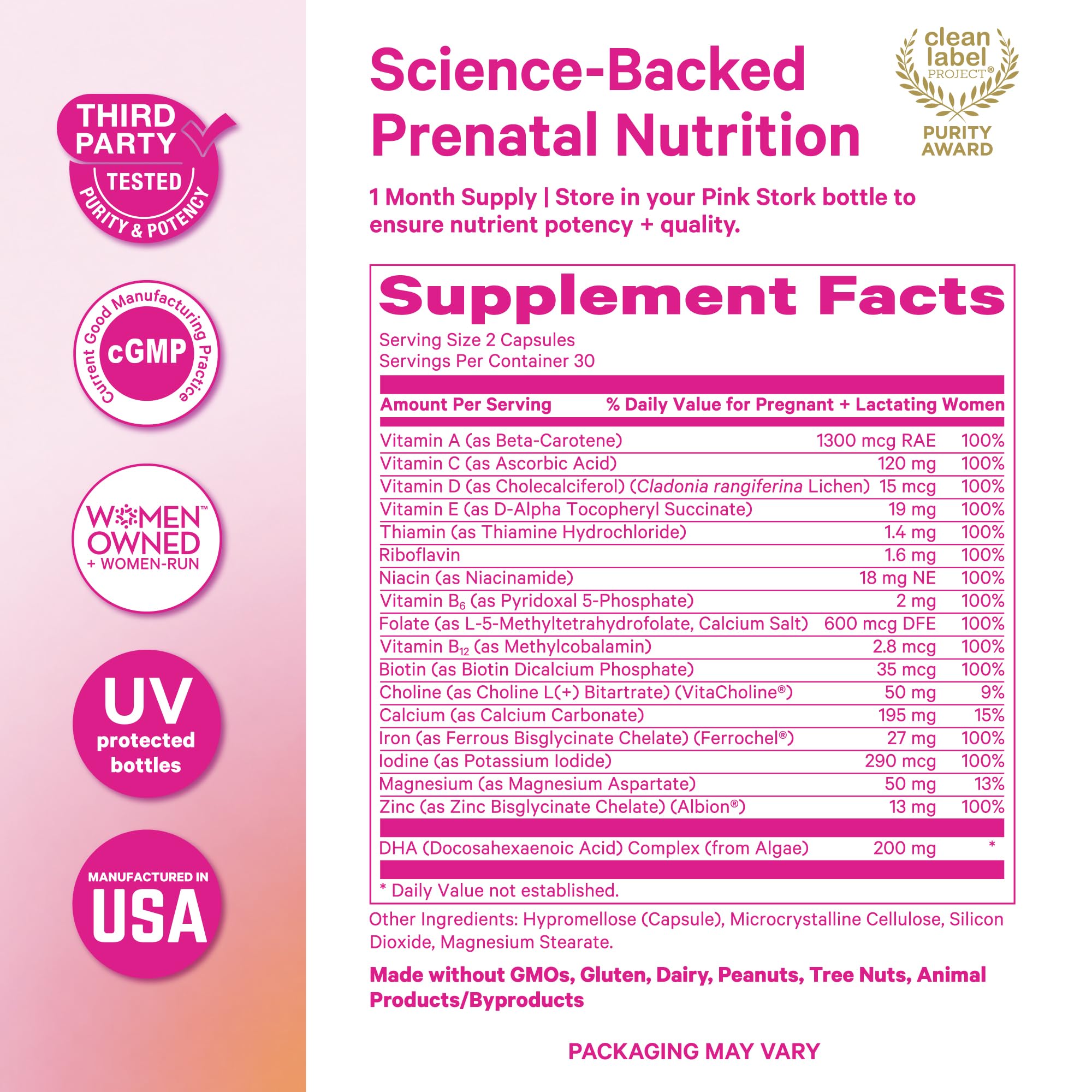 Pink Stork Total Prenatal Vitamins with Vegan DHA | Clean Label

