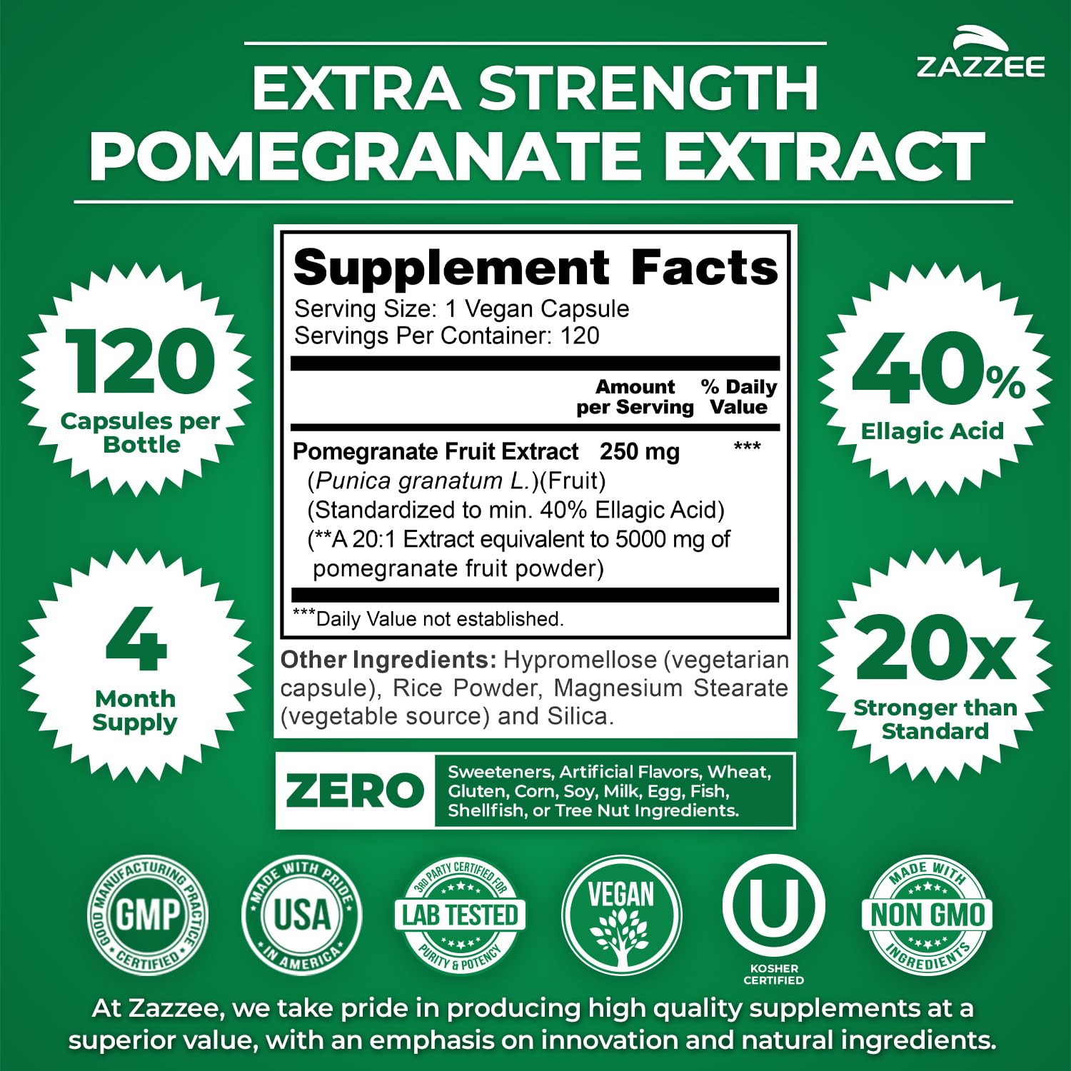 Zazzee Pomegranate Extract Vegan Non-GMO USA

