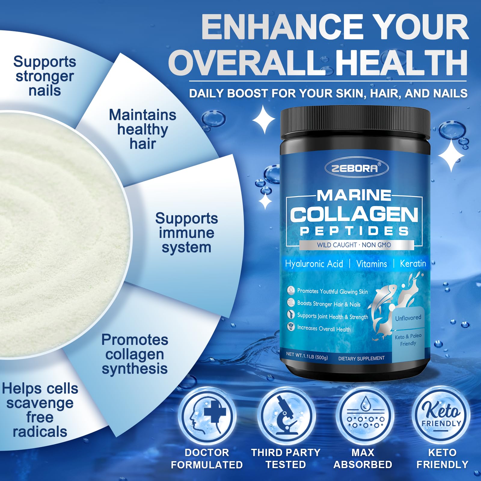 ZEBORA Marine Collagen Peptides Powder with Hyaluronic Acid

