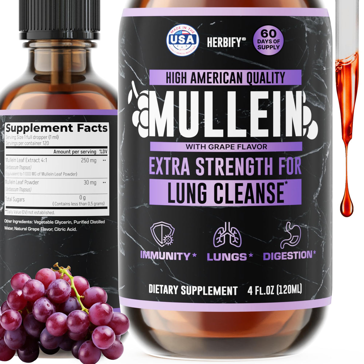 Herbify Mullein Drops Lung Cleanse - Leaf Extract for Respiratory Support