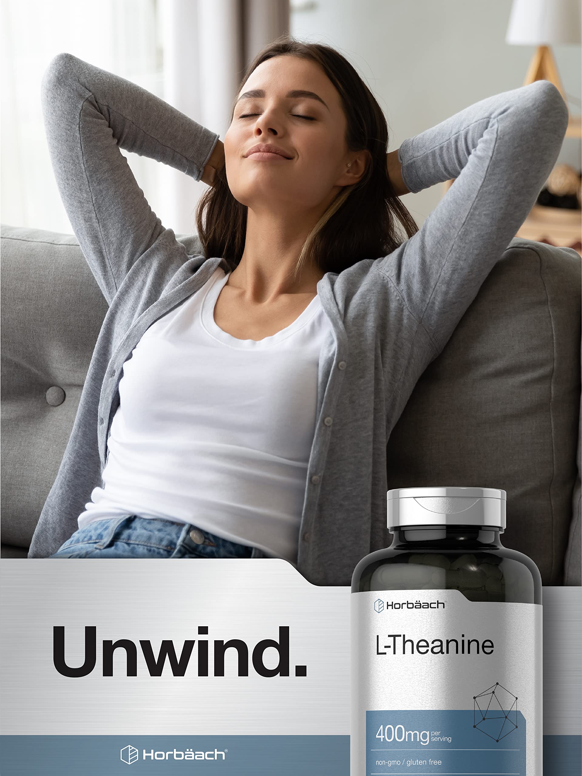 Horbäach L-Theanine 400 mg Supplement | Non-GMO Gluten Free

