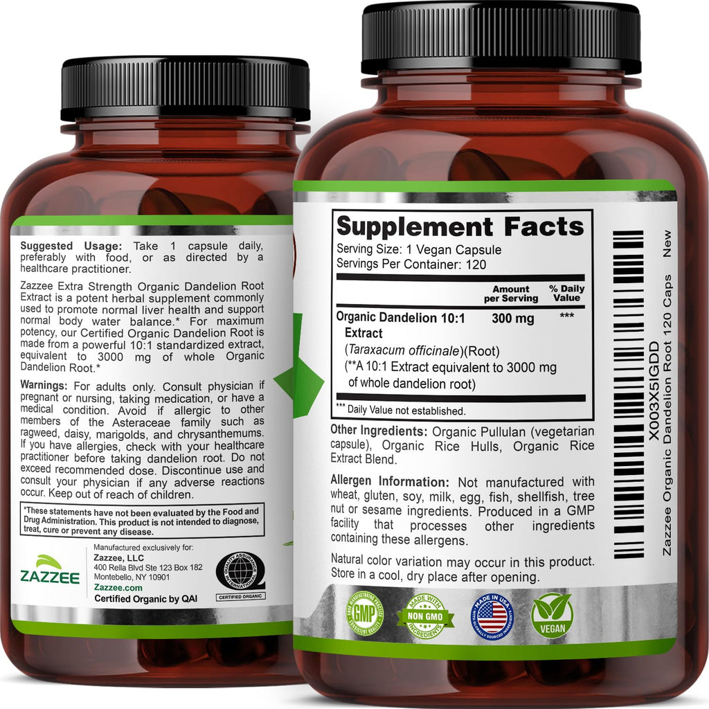 Zazzee Organic Dandelion Root 10:1 Extract Herbal Supplement


