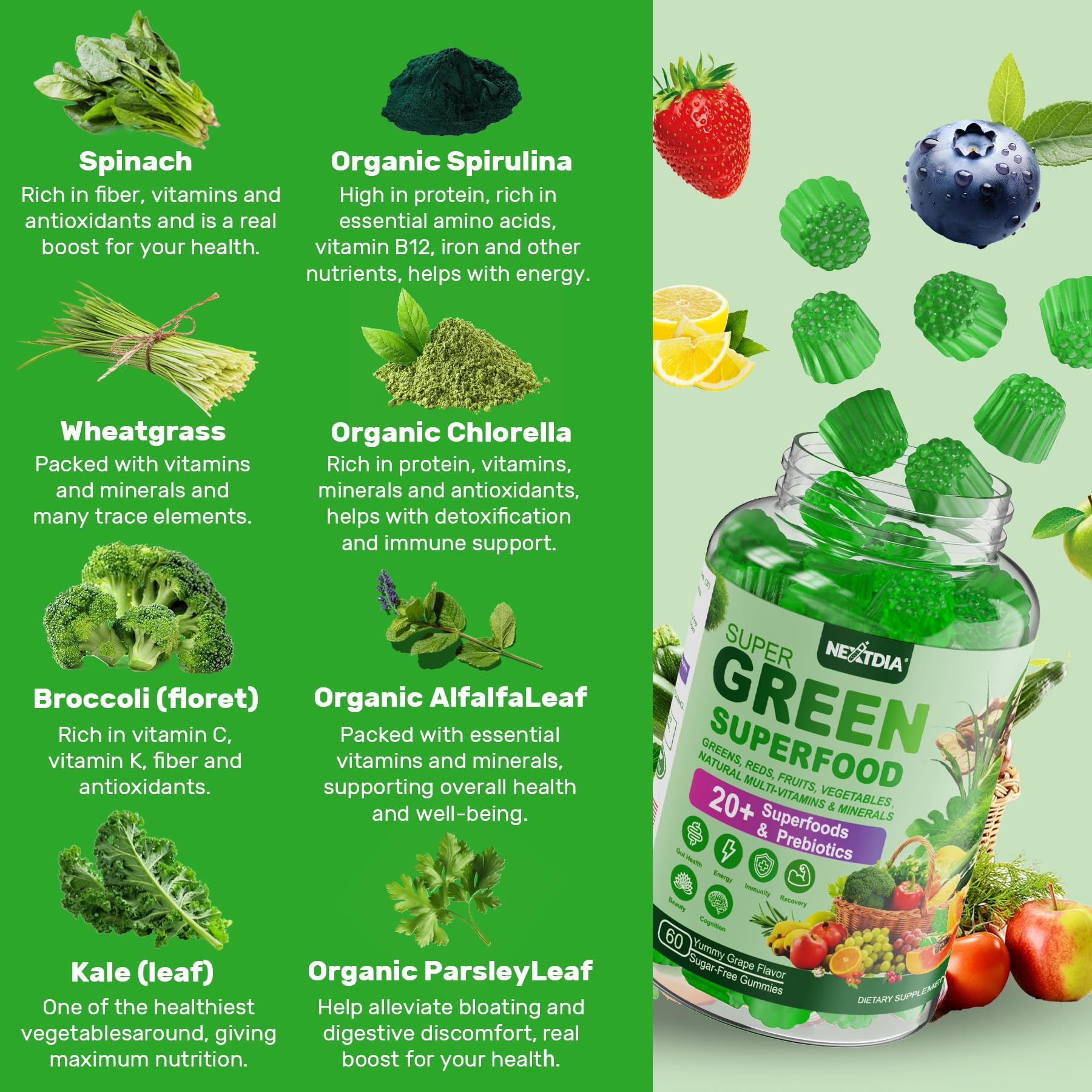 Nextdia Super Greens Multivitamin Gummies Spirulina

