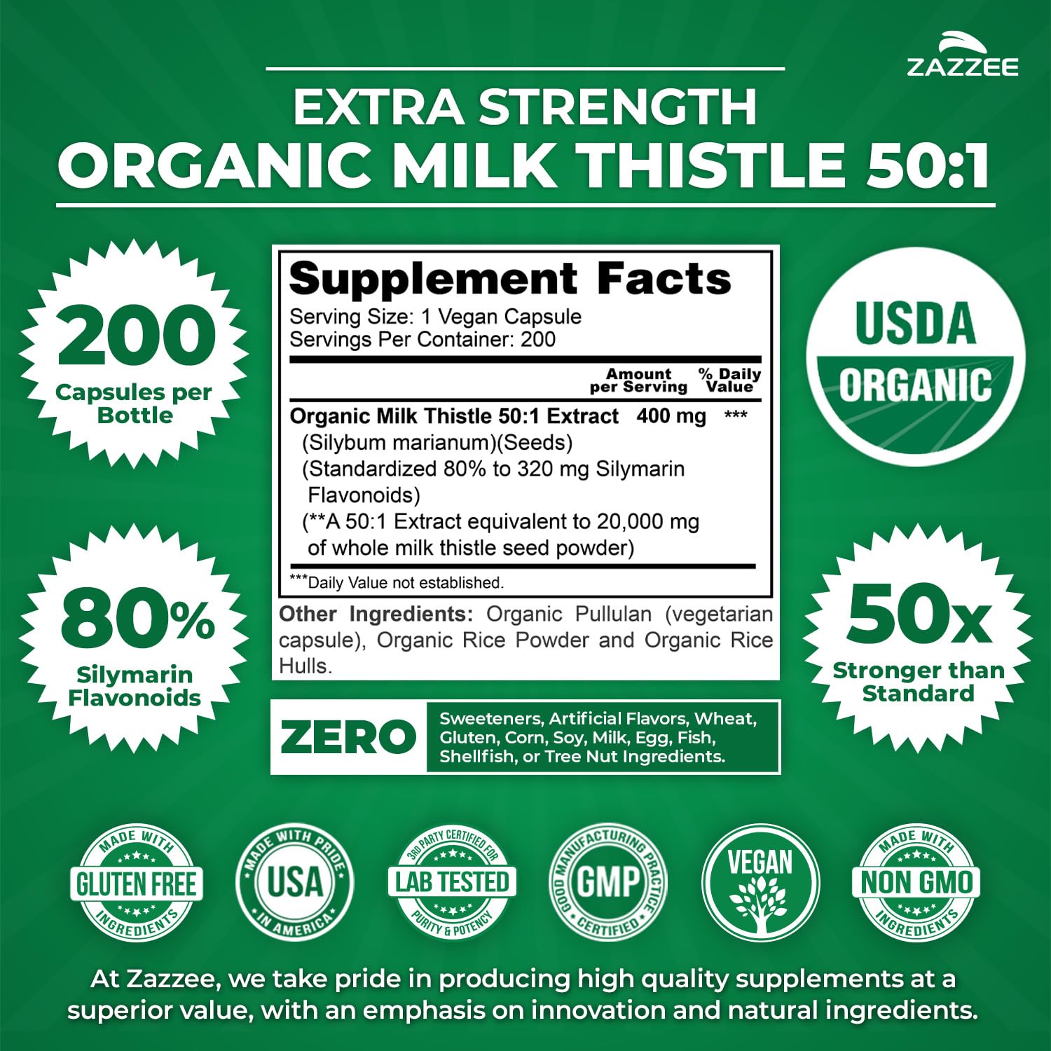 Zazzee Organic Milk Thistle 50:1 Extract | 80% Silymarin

