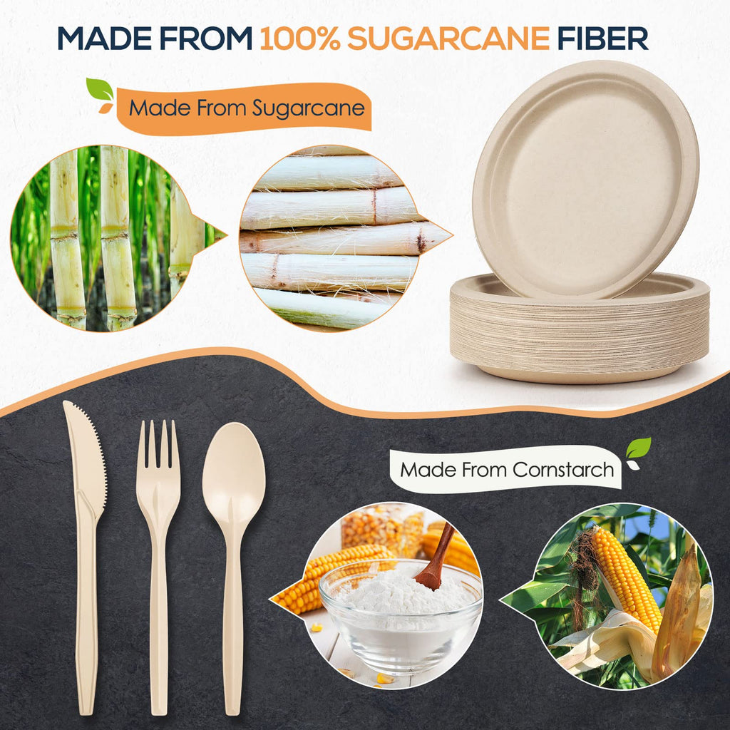 Gezond Compostable Sugarcane Dinnerware & Utensils Set

