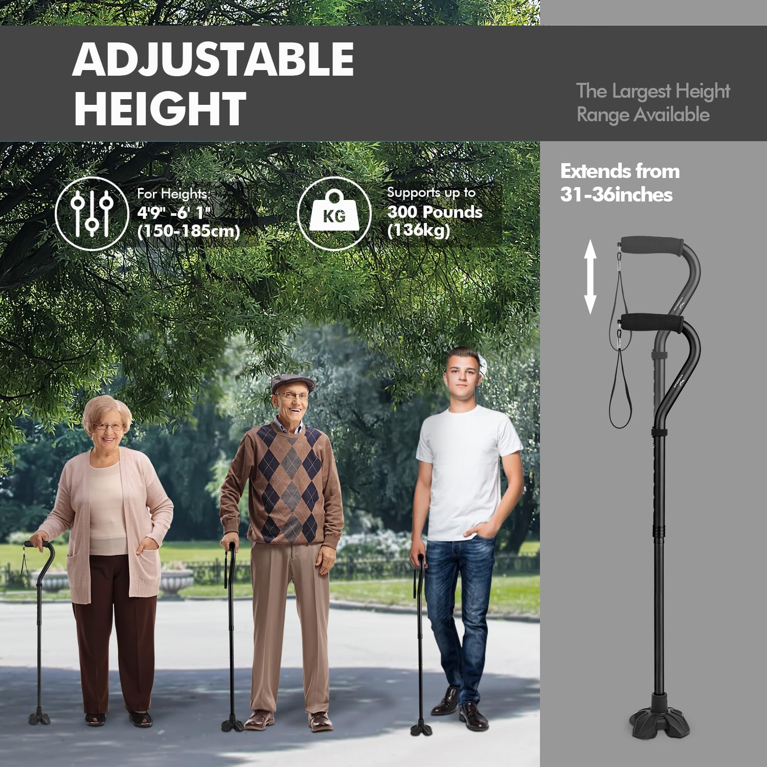 KingGear F1 Walking Cane - Lightweight Quad Base

