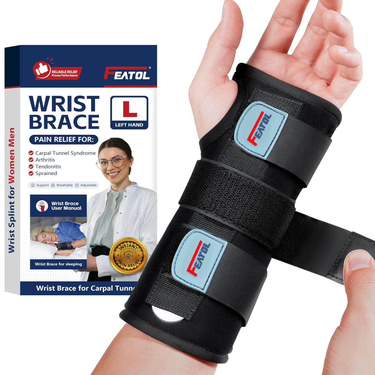FEATOL Wrist Brace with Splints for Carpal Tunnel - Adjustable Night Support