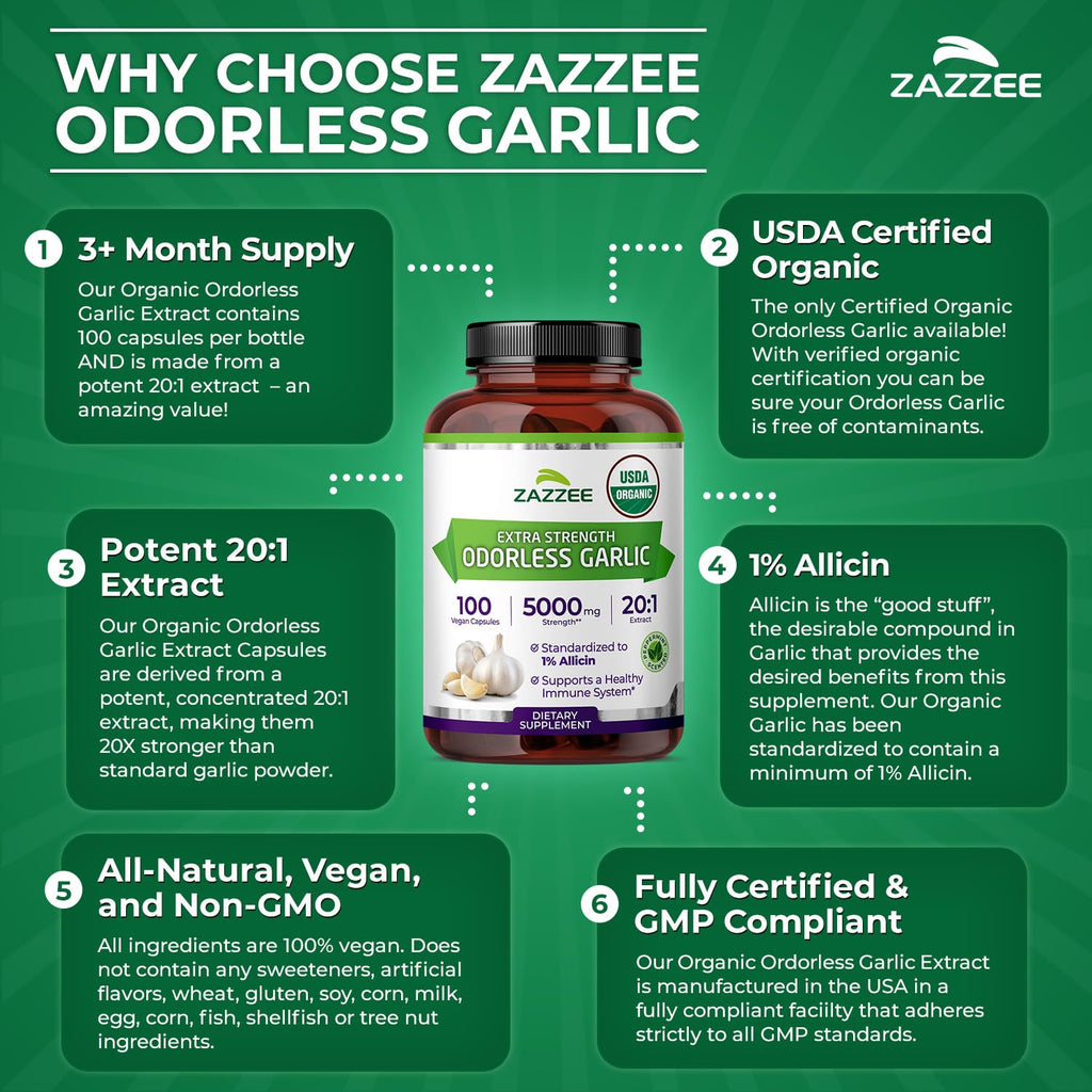 Garlic Extract by Zazzee: Organic Odorless 20:1 Allicin

