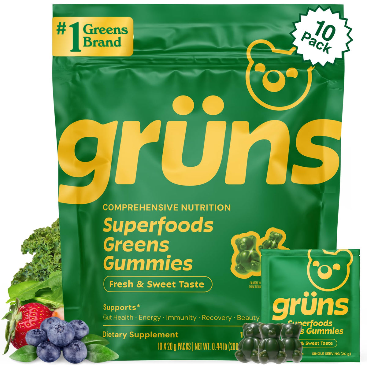 Grüns Adult Greens Gummies Multivitamin with Prebiotic Fiber