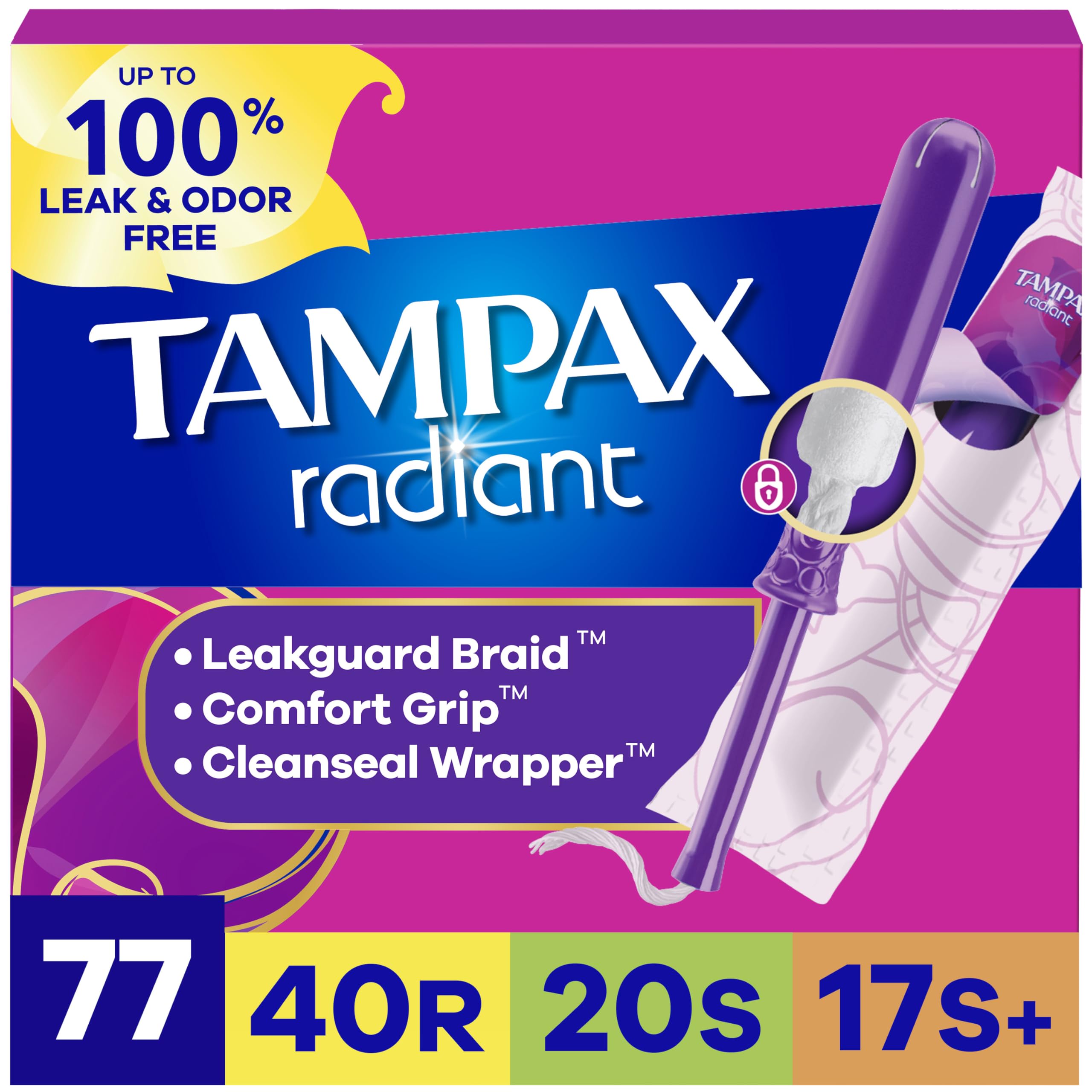 Tampax Radiant Tampons Unscented with LeakGuard Braid