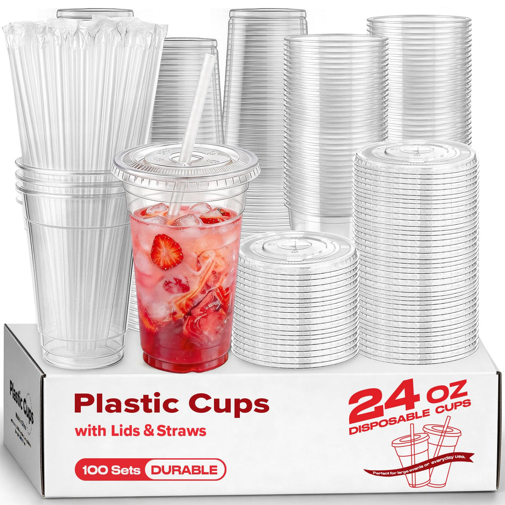 Clear Disposable Cups with Lids and Straws – Heavy Duty PET