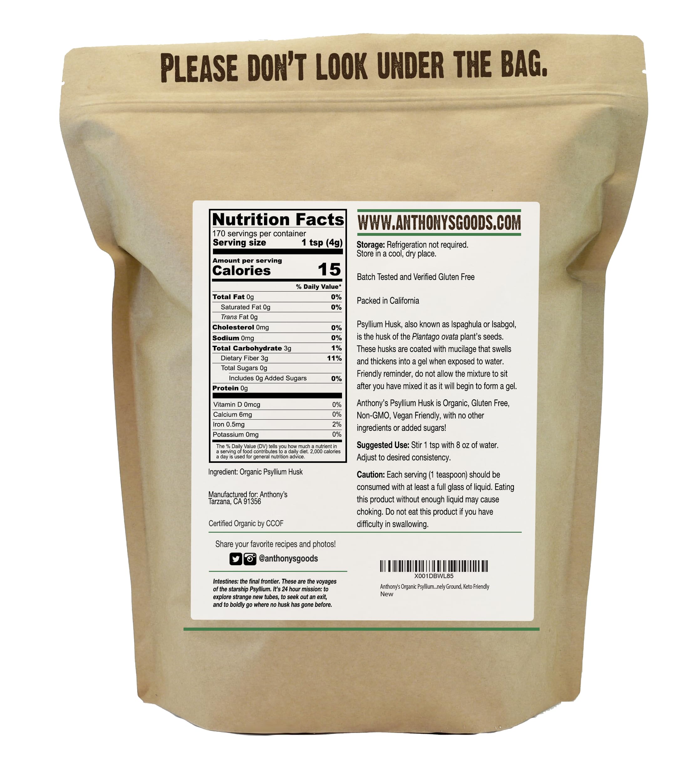 Anthony's Organic Psyllium Husk Powder | Digestive Fiber

