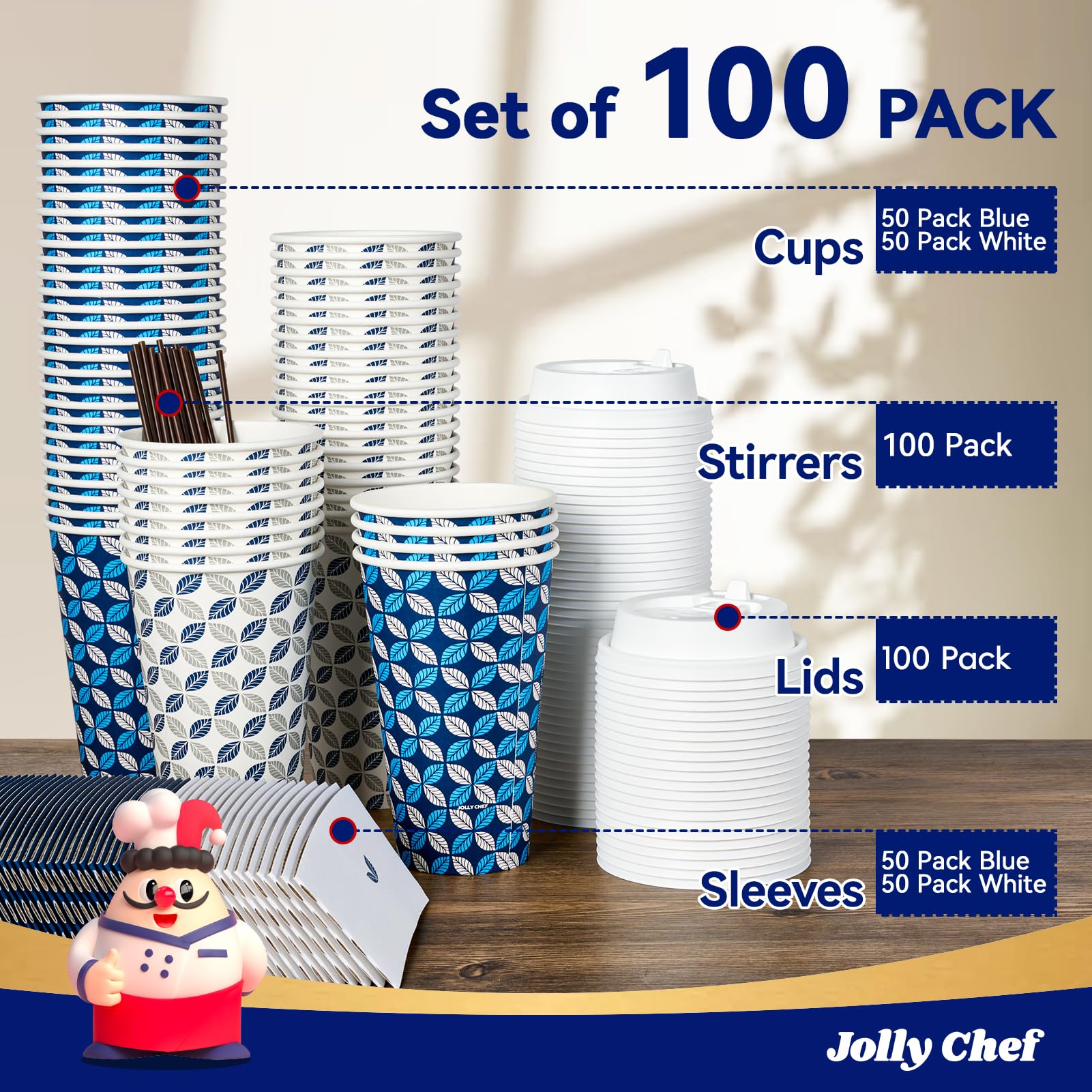 JOLLY CHEF Disposable Coffee Cups with Lids, Sleeves & Stirrers

