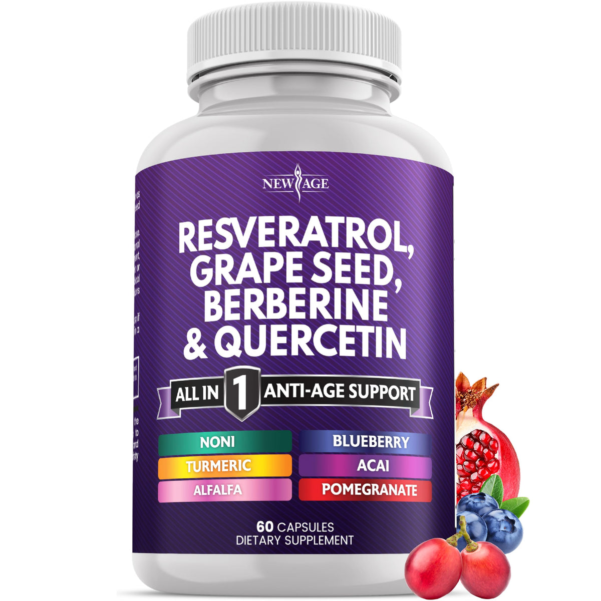 NEW AGE Resveratrol Berberine Grape Seed Quercetin NAC Acai Supplement
