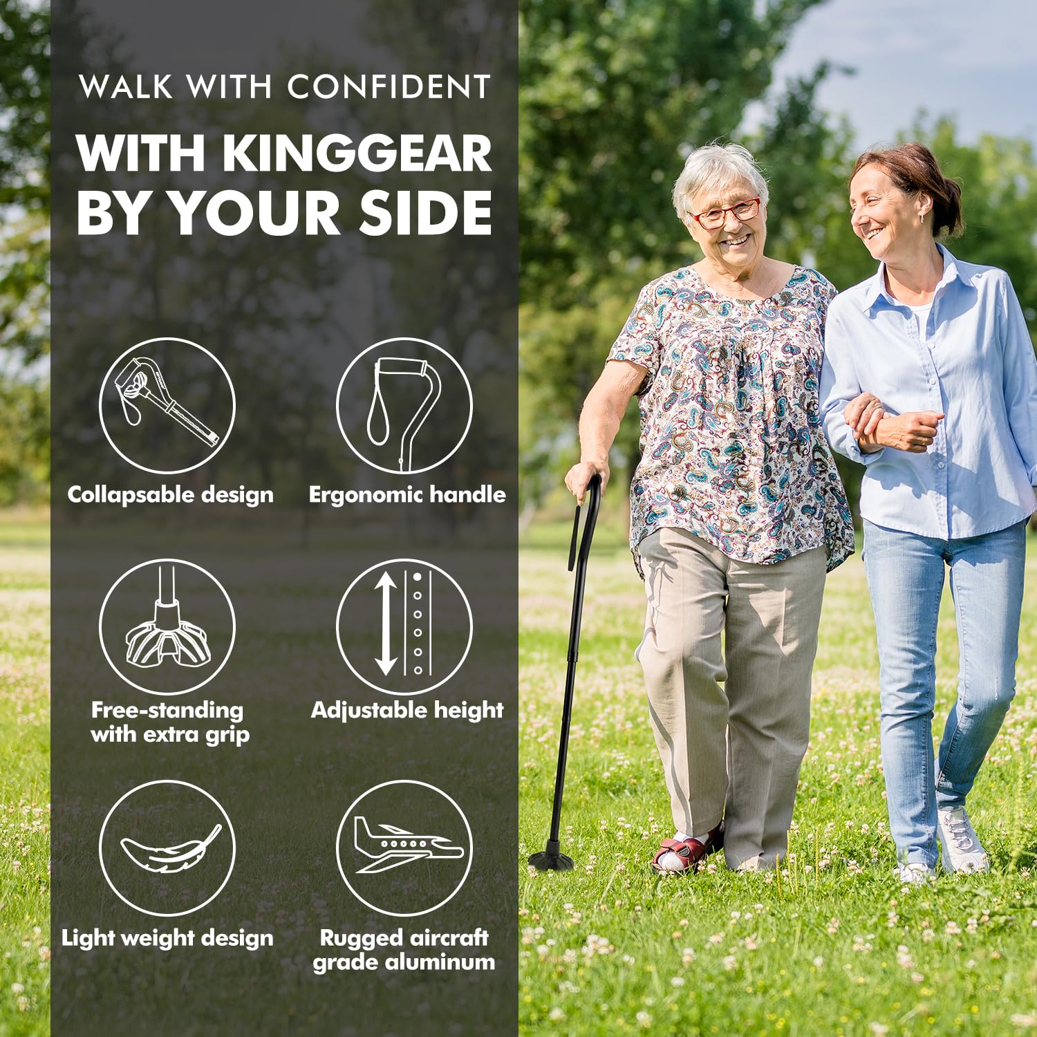 KingGear F1 Walking Cane - Lightweight Quad Base

