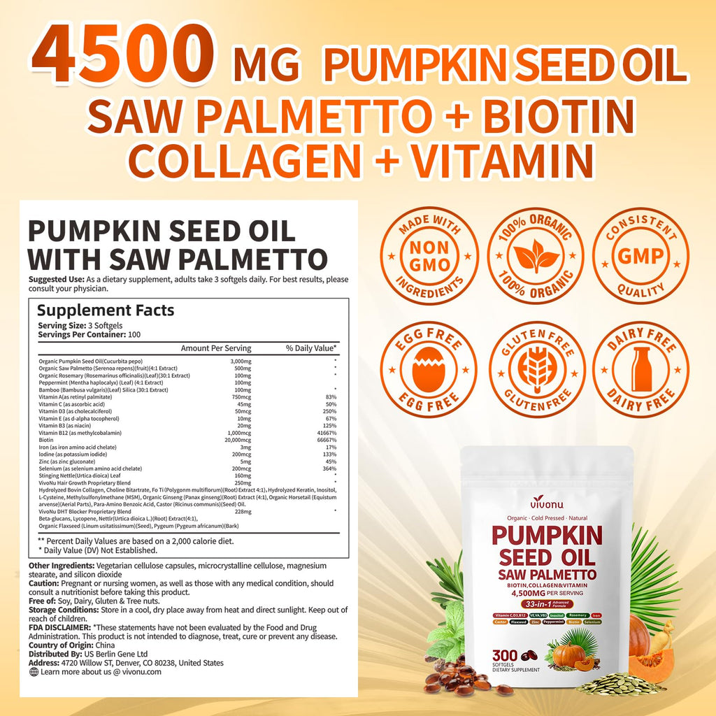 VivoNu Pumpkin Seed Oil with Saw Palmetto Hair Growth

