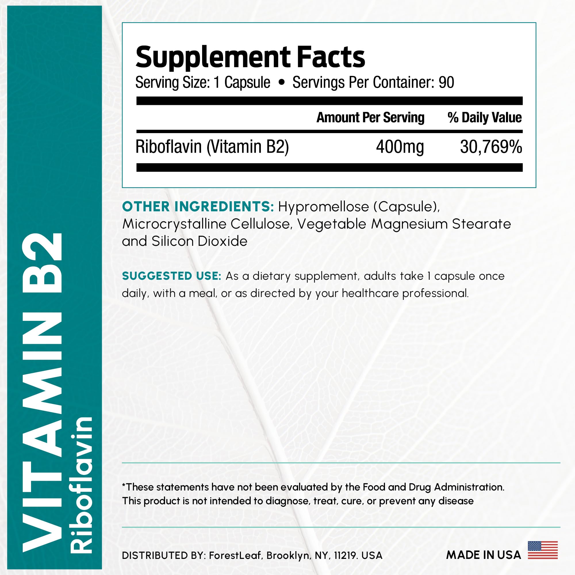 ForestLeaf Vitamin B2 Riboflavin 400mg Capsules for Energy

