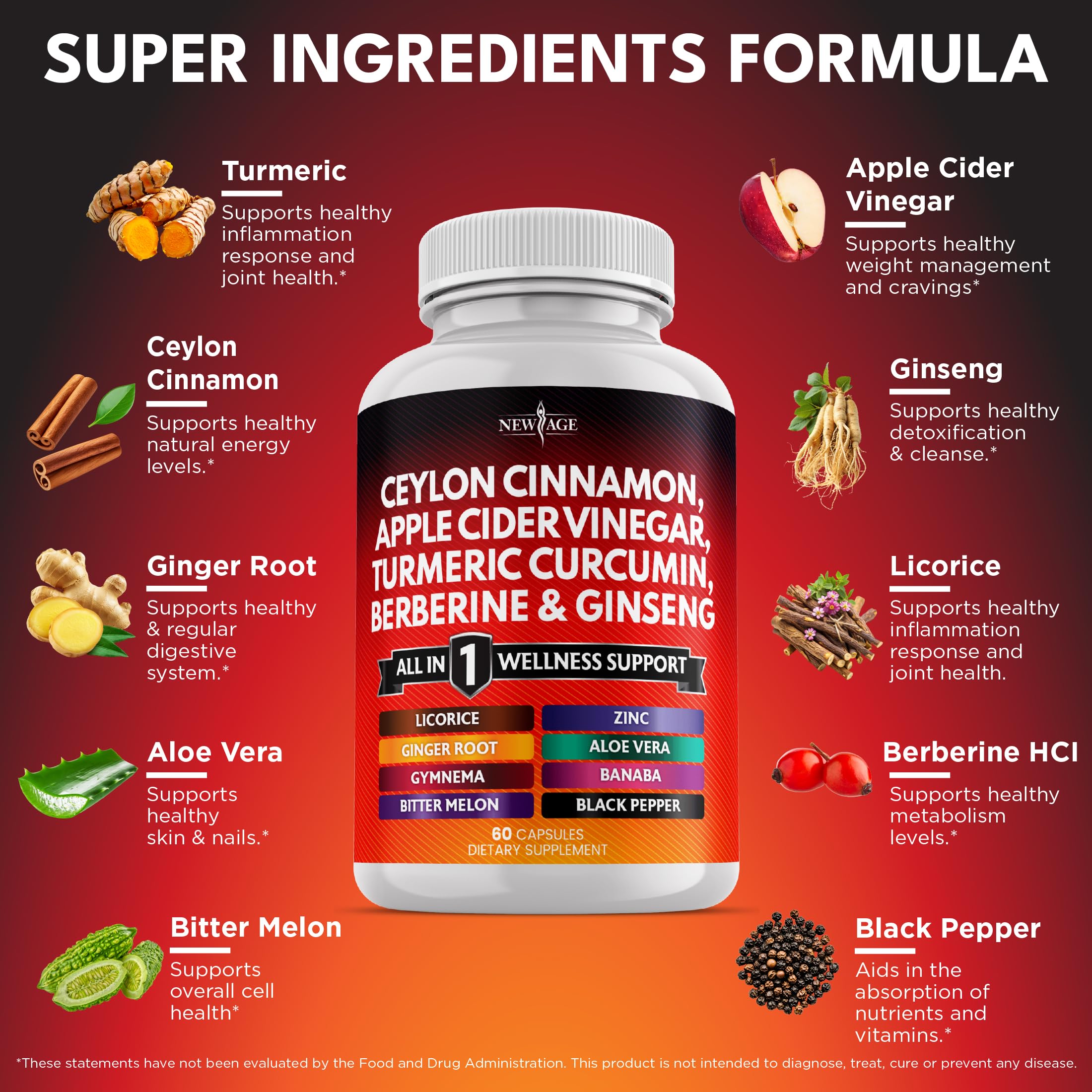 New Age Cinnamon Turmeric Apple Cider Vinegar Ginseng Supplement

