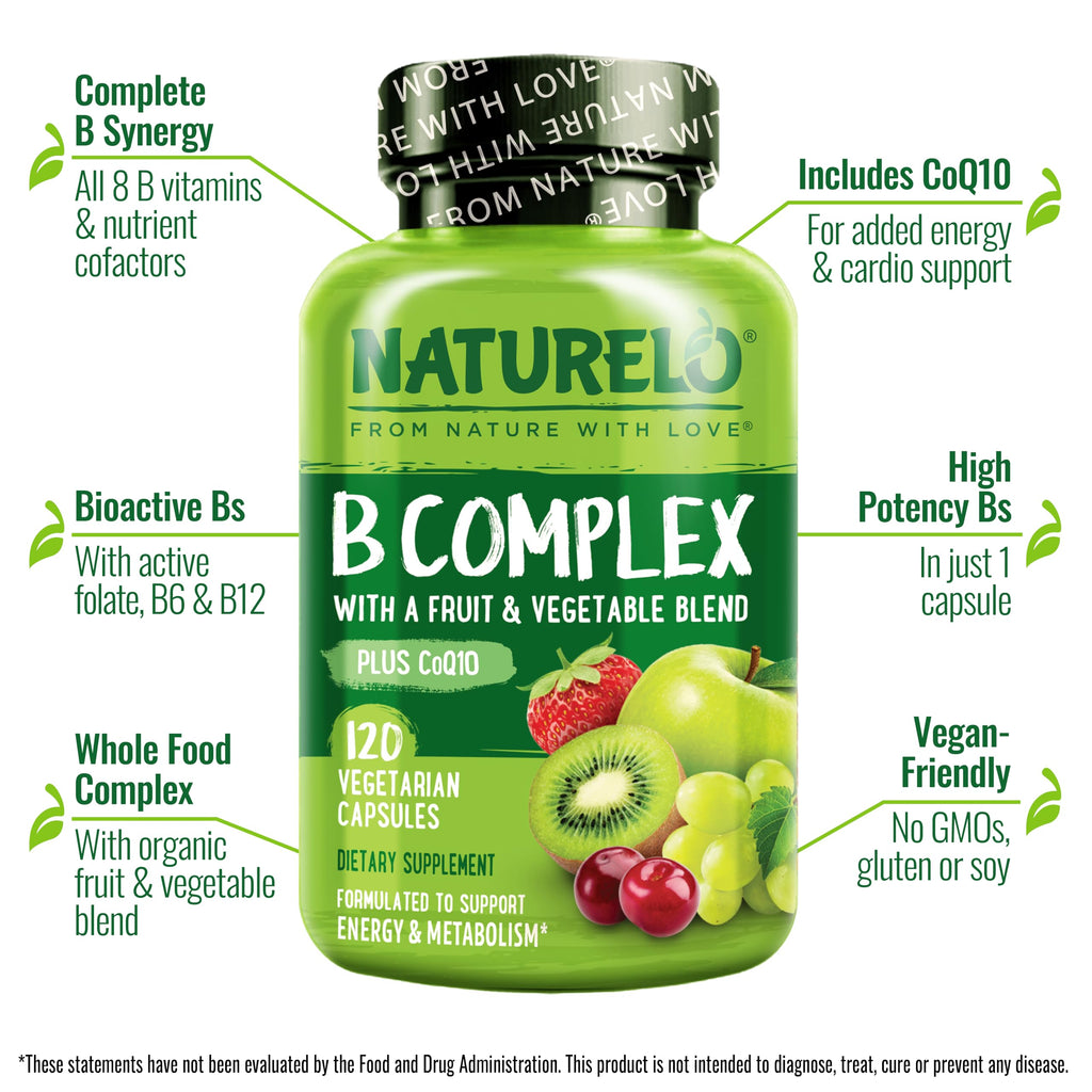 NATURELO Vitamin B Complex - Vegan CoQ10 & Methyl Folate

