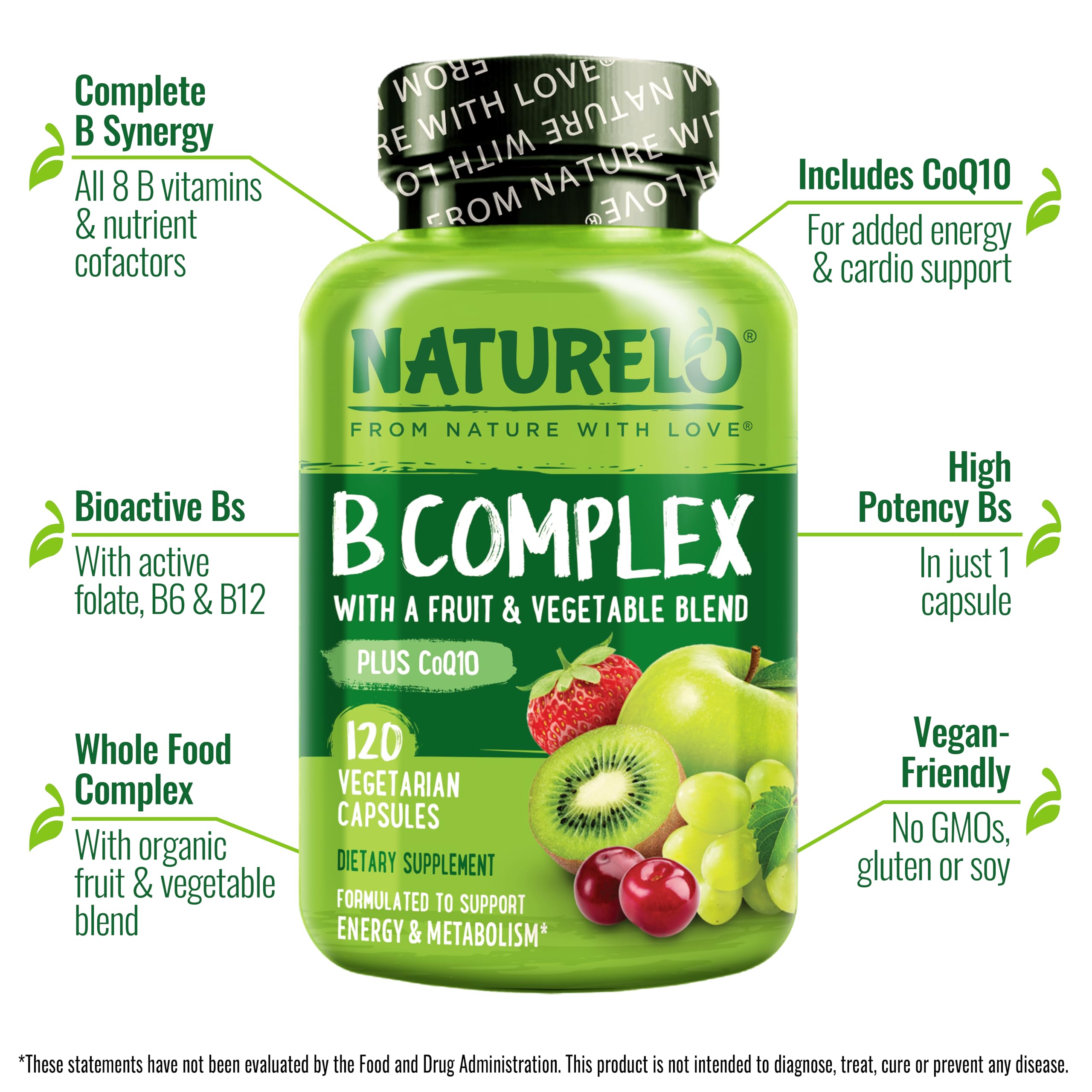 NATURELO Vitamin B Complex - Vegan CoQ10 & Methyl Folate

