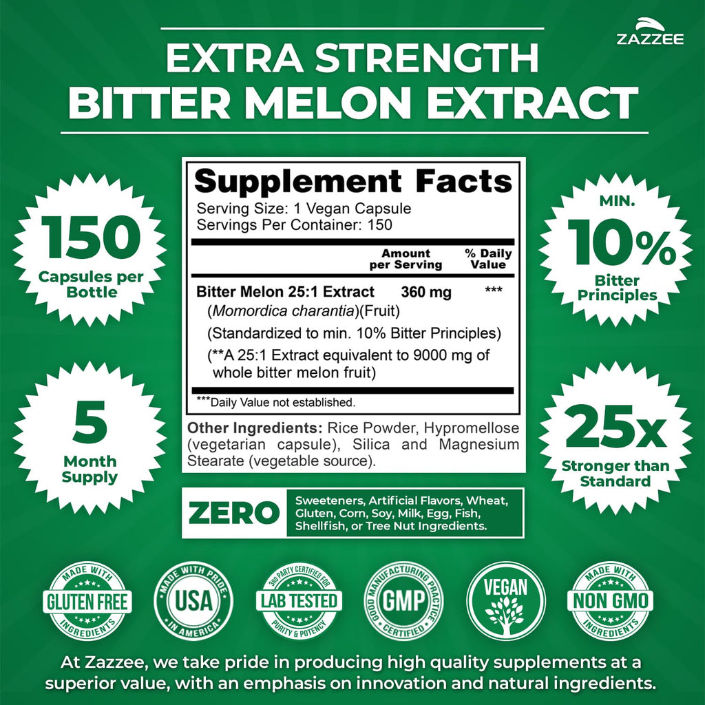 Zazzee Bitter Melon Extract Extra Strength Vegan Capsules

