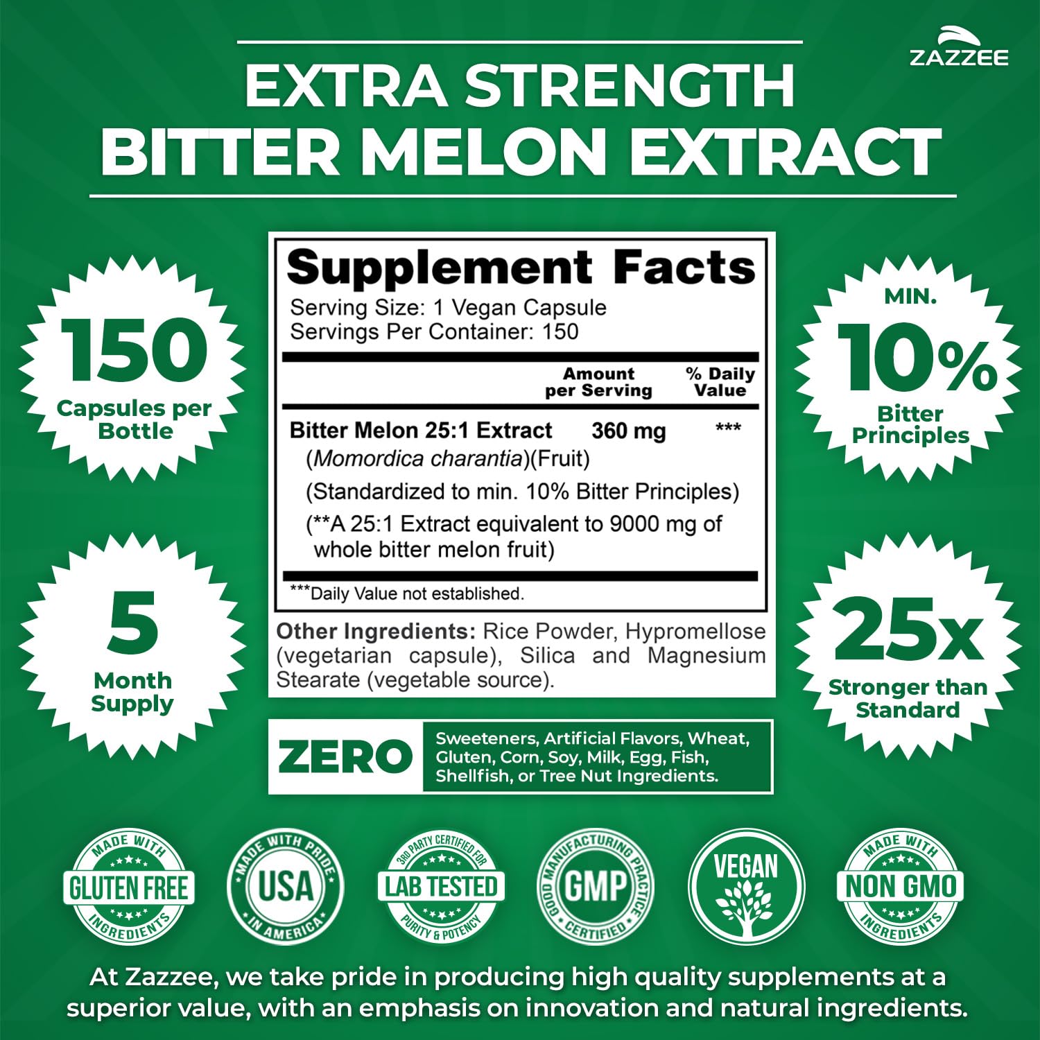 Zazzee Bitter Melon Extract Extra Strength Vegan Capsules

