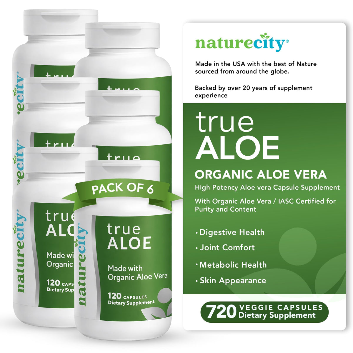 NatureCity TrueAloe Aloe Vera Capsules Organic Single-Ingredient Formula
