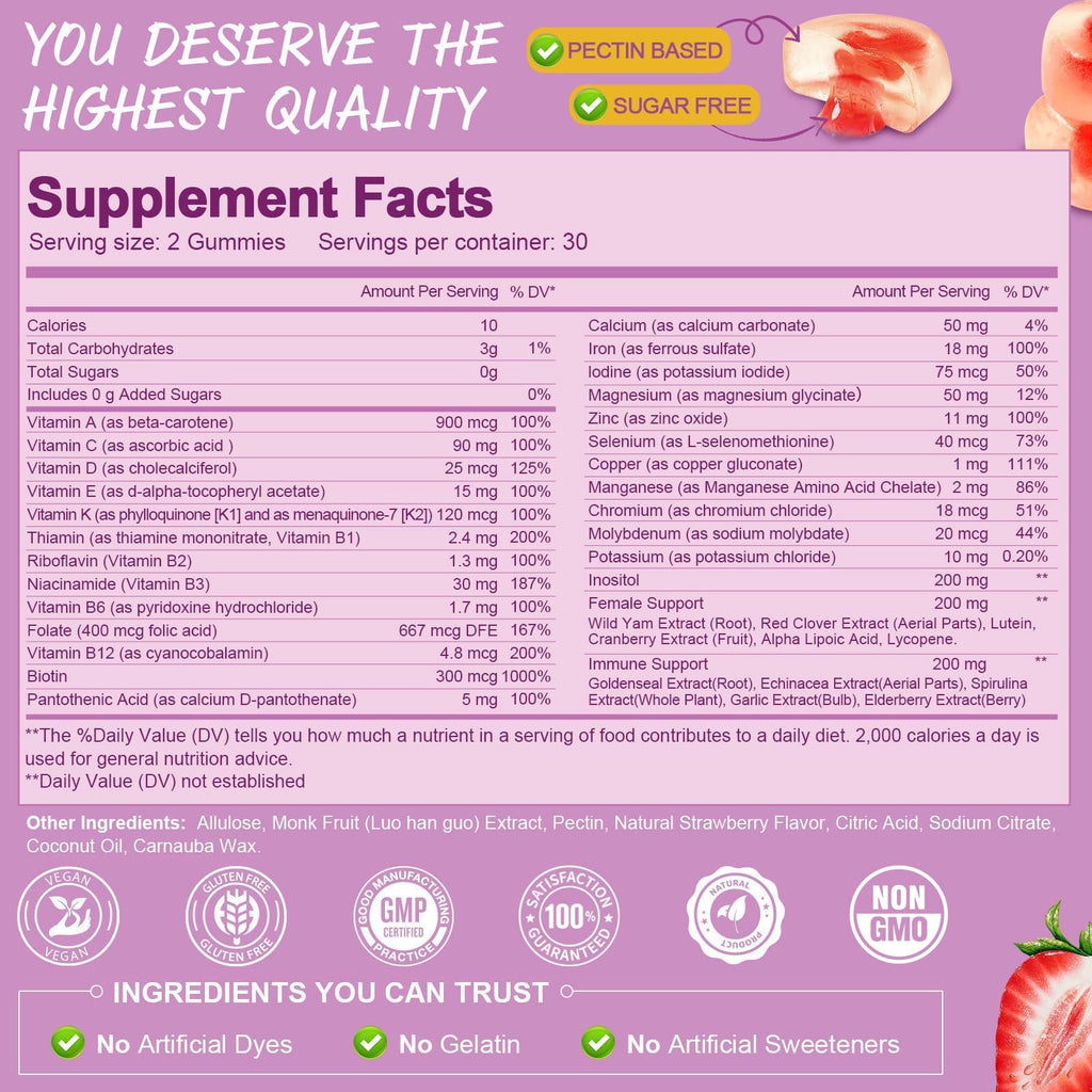 Totaria Sugar Free Multivitamin Gummies for Women 14+ with Iron, Biotin & Vitamins A, C, D3, K2

