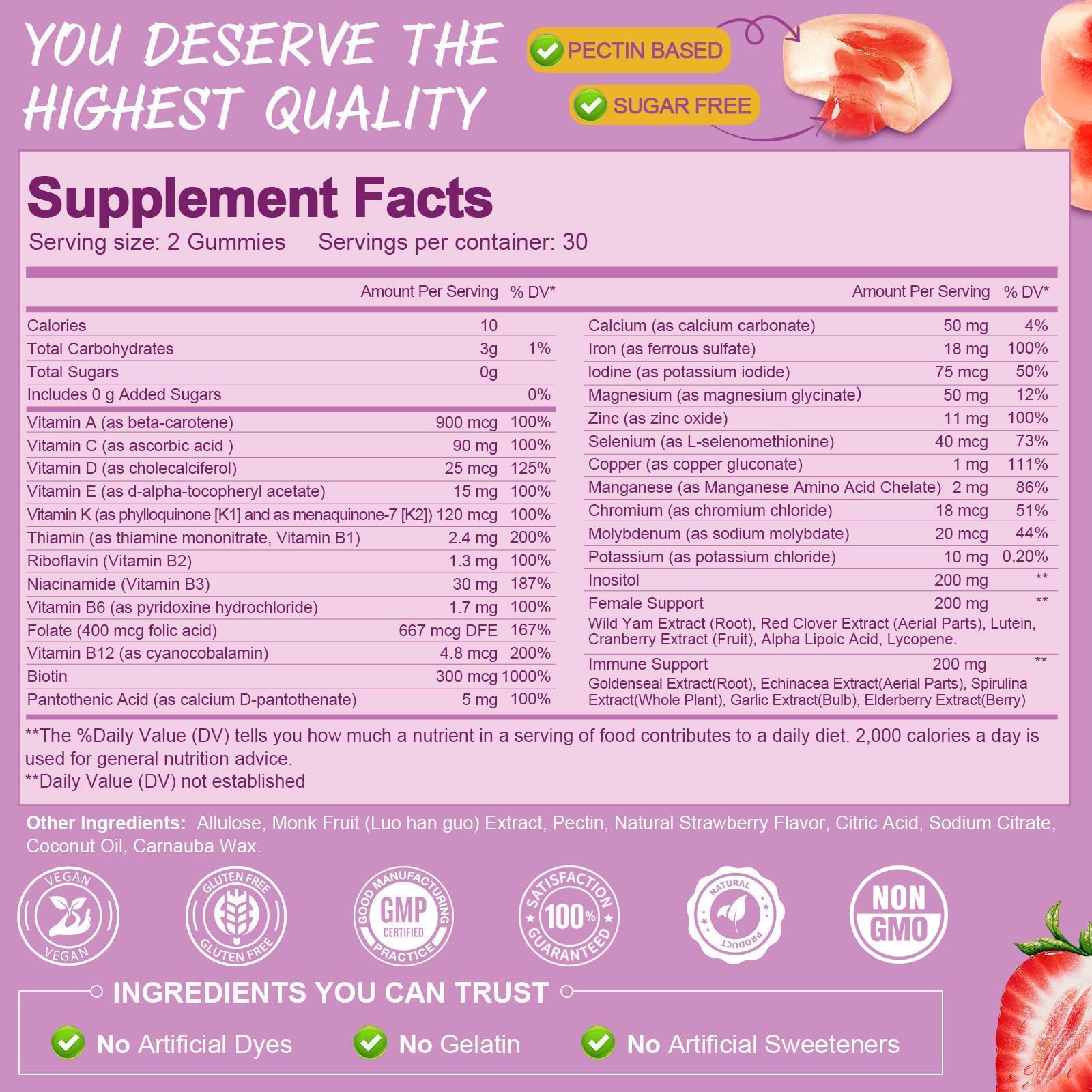 Totaria Sugar Free Multivitamin Gummies for Women 14+ with Iron, Biotin & Vitamins A, C, D3, K2


