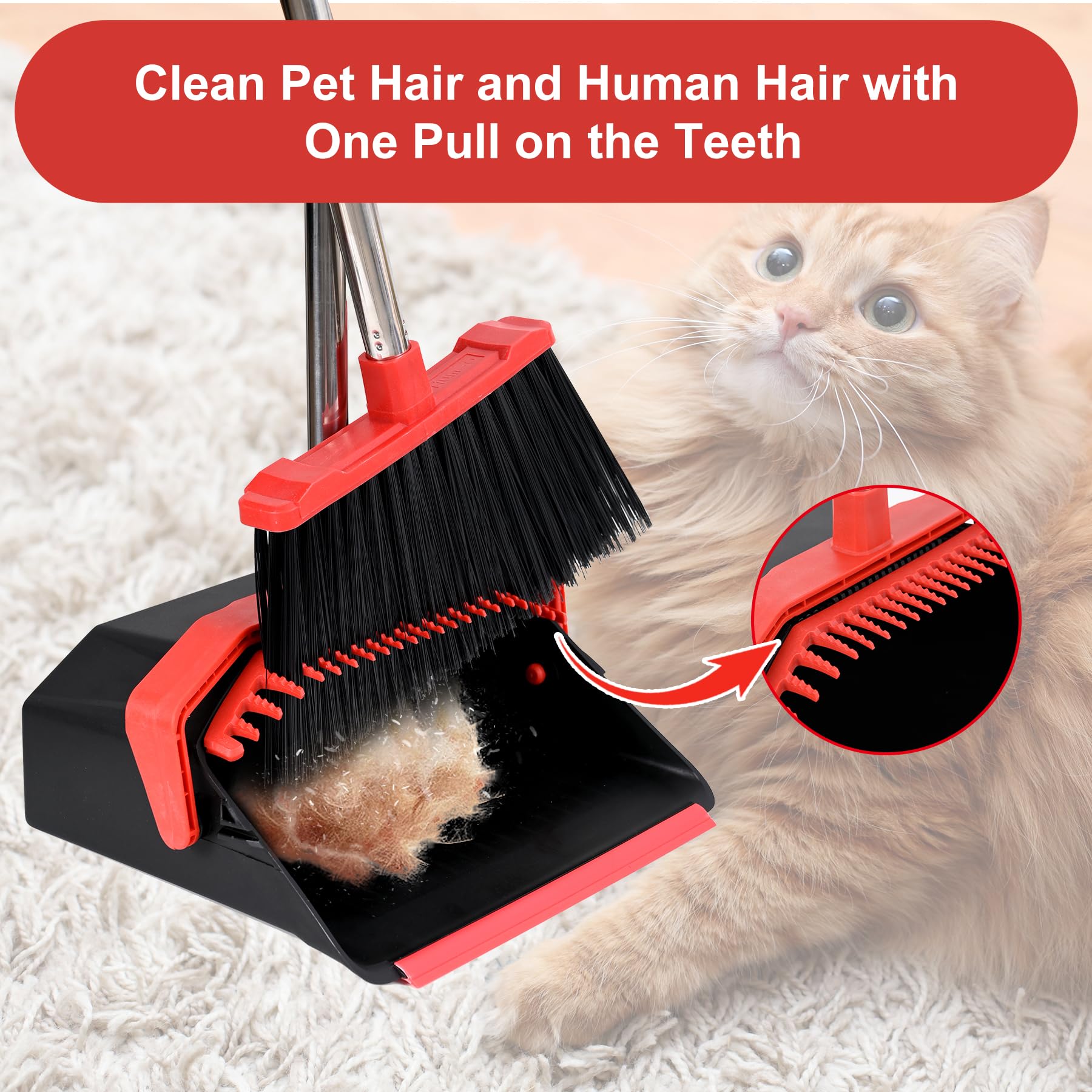 Tiumso Broom with Dustpan Set – Self-Cleaning Teeth

