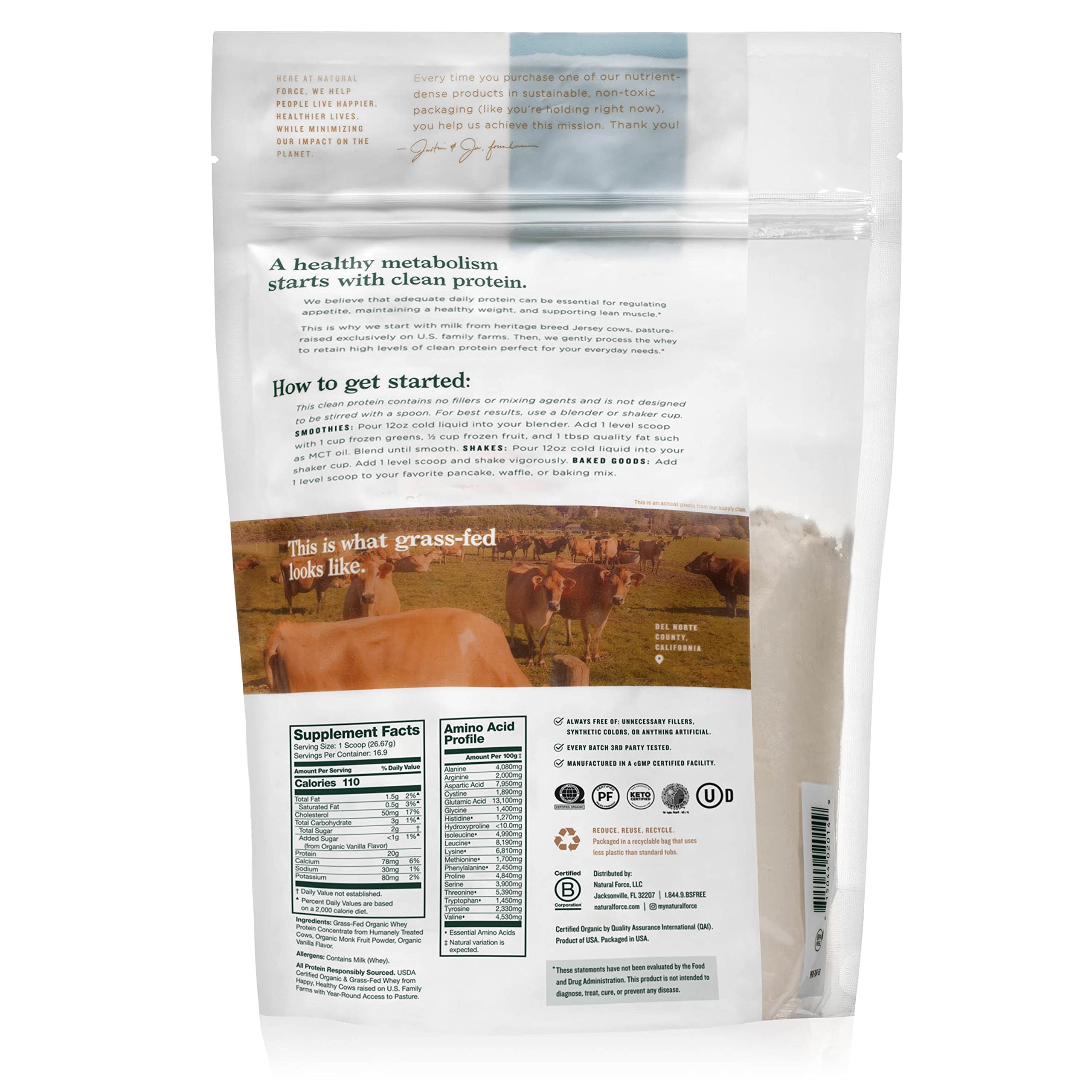 Natural Force Grass Fed Organic Whey Protein – Non-GMO, Lab Tested

