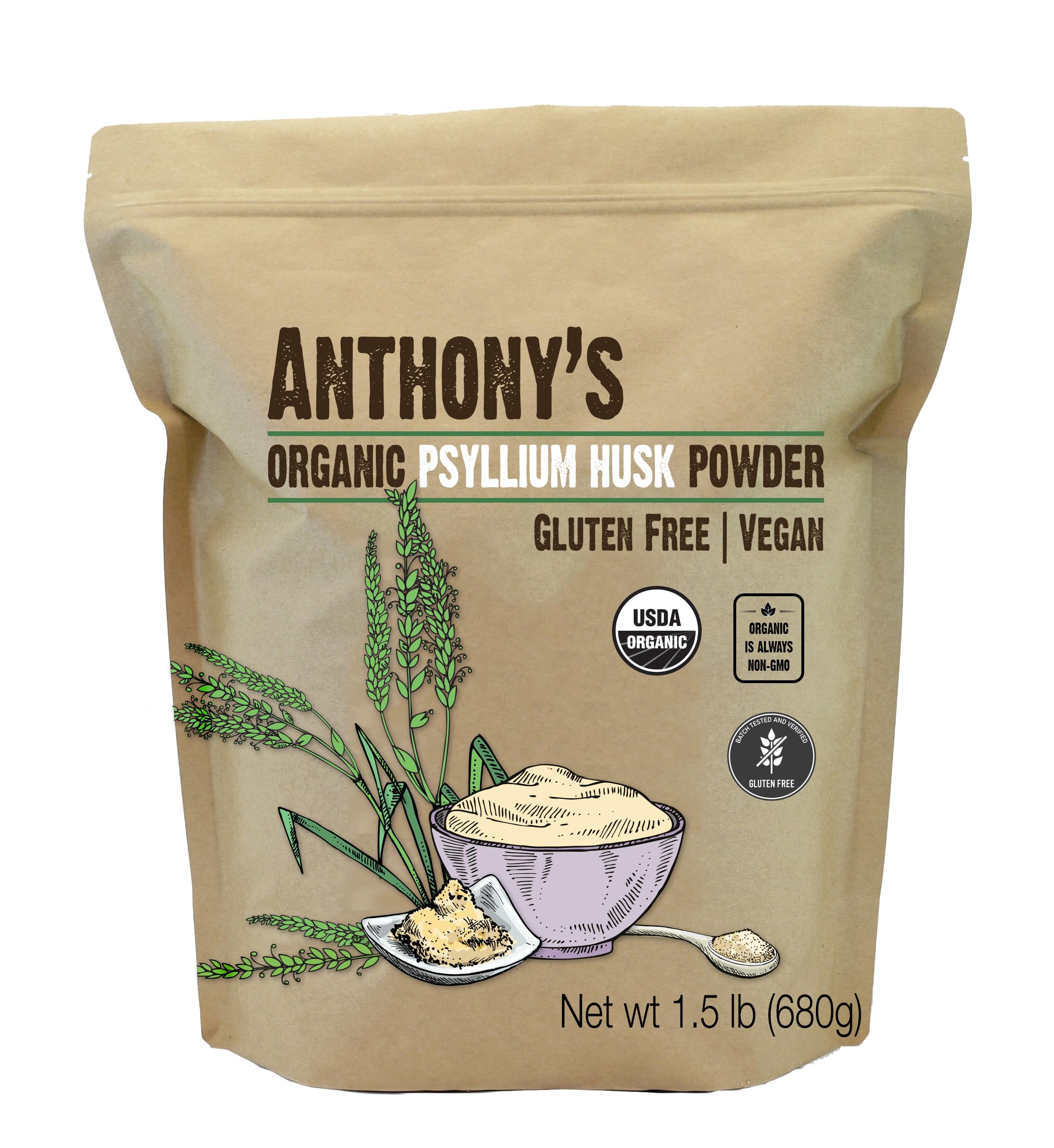 Anthony's Organic Psyllium Husk Powder | Digestive Fiber

